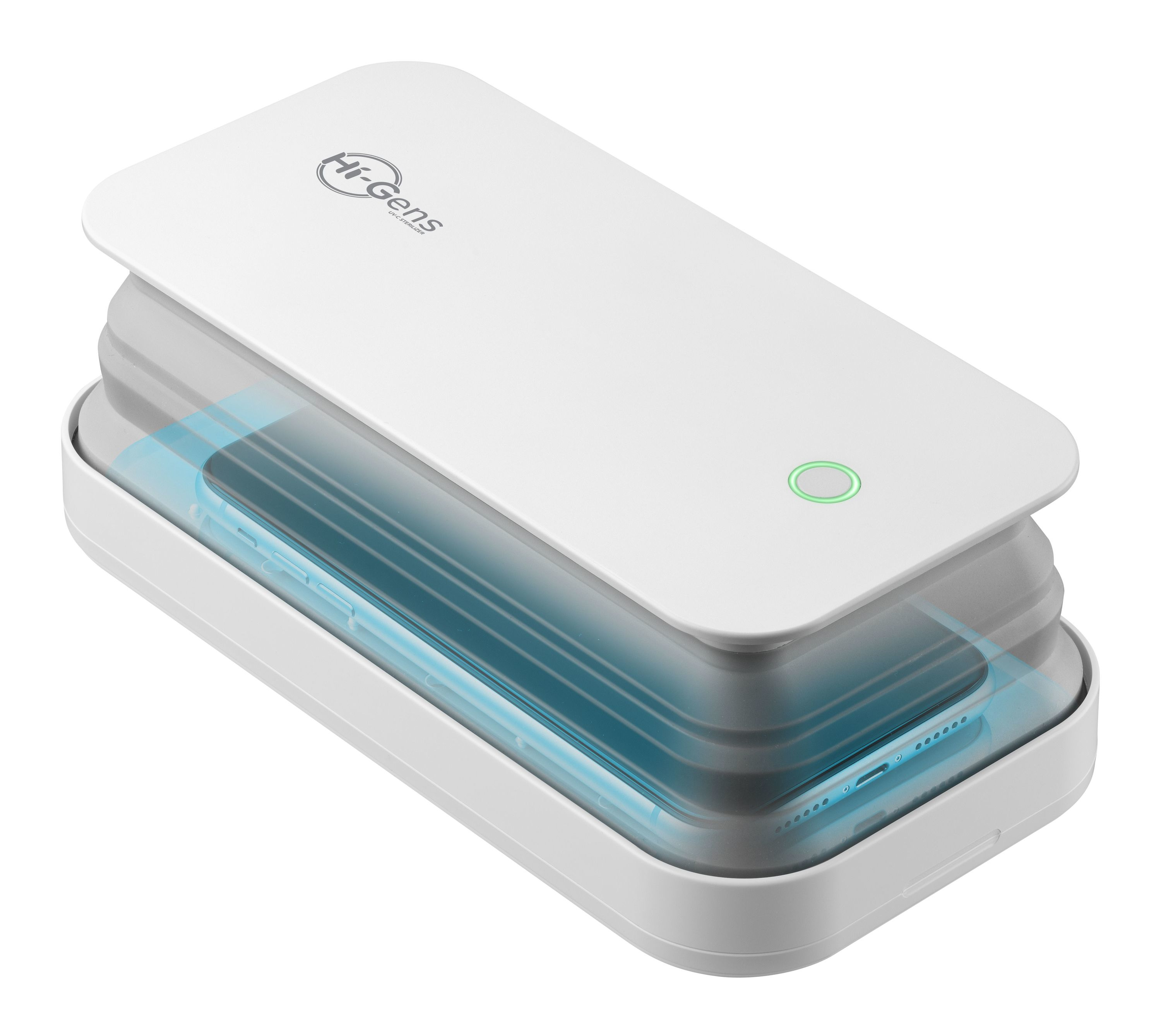 Un igienizzatore per telefoni bianco con un telefono all'interno. Il coperchio è aperto. Una luce verde è sul coperchio.