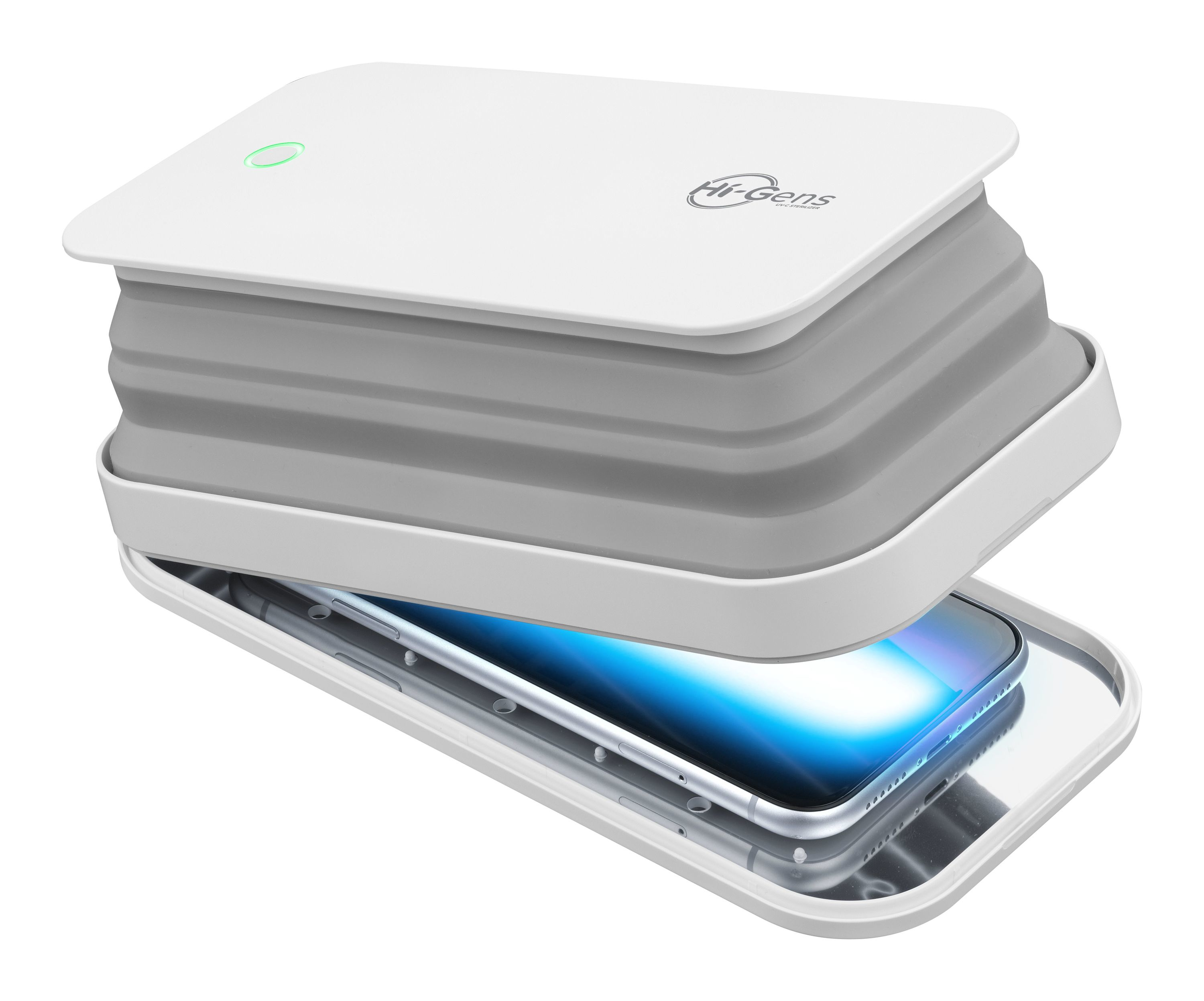 Un igienizzatore per telefoni bianco e grigio con un telefono all'interno. La parte superiore ha una luce verde e il marchio.