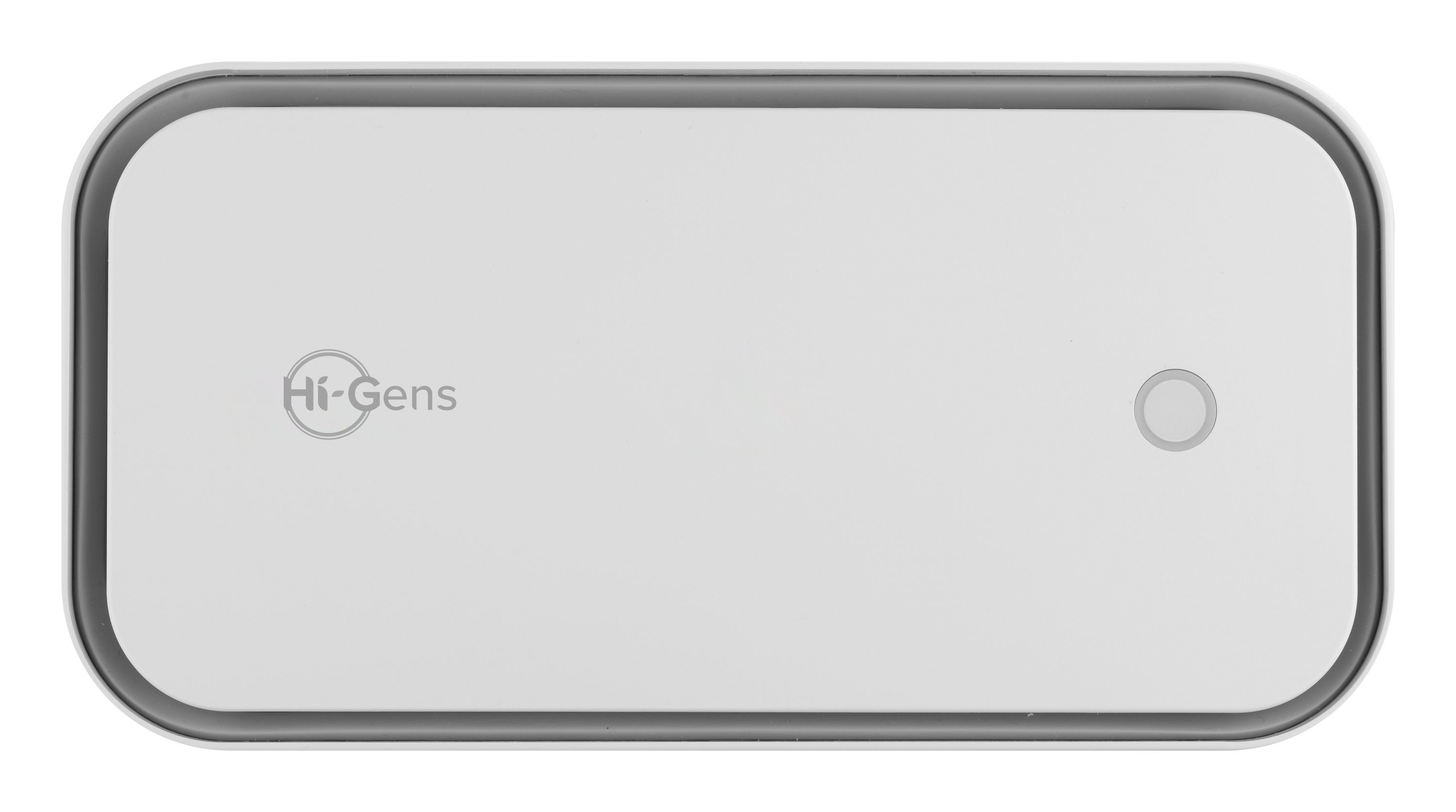 Un dispositivo rettangolare bianco con angoli arrotondati, bordo grigio, logo Hi-Gens e un piccolo cerchio.