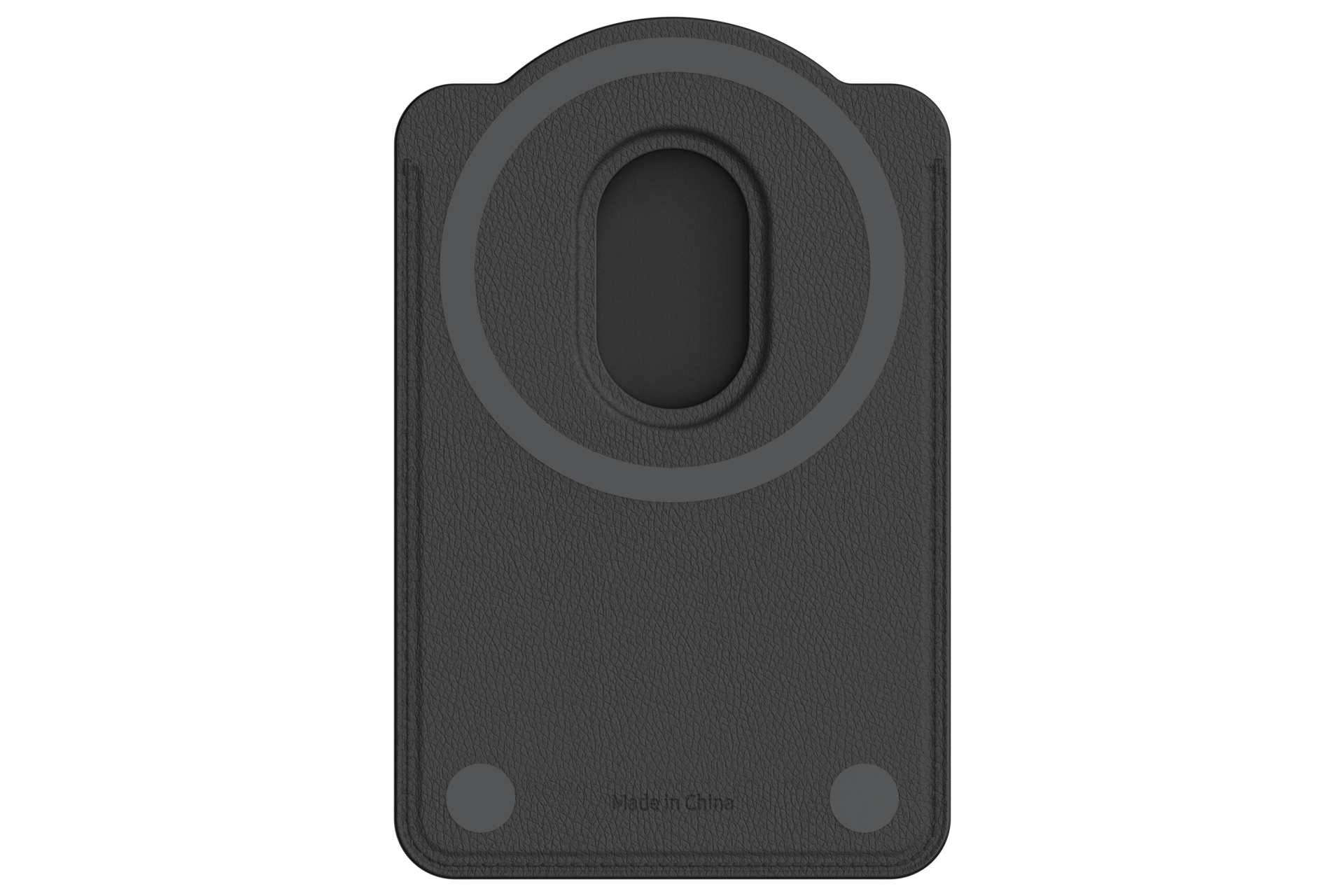 Accessorio per telefono in pelle grigio scuro con anello magnetico circolare e fessura. 'Made in China' in basso.