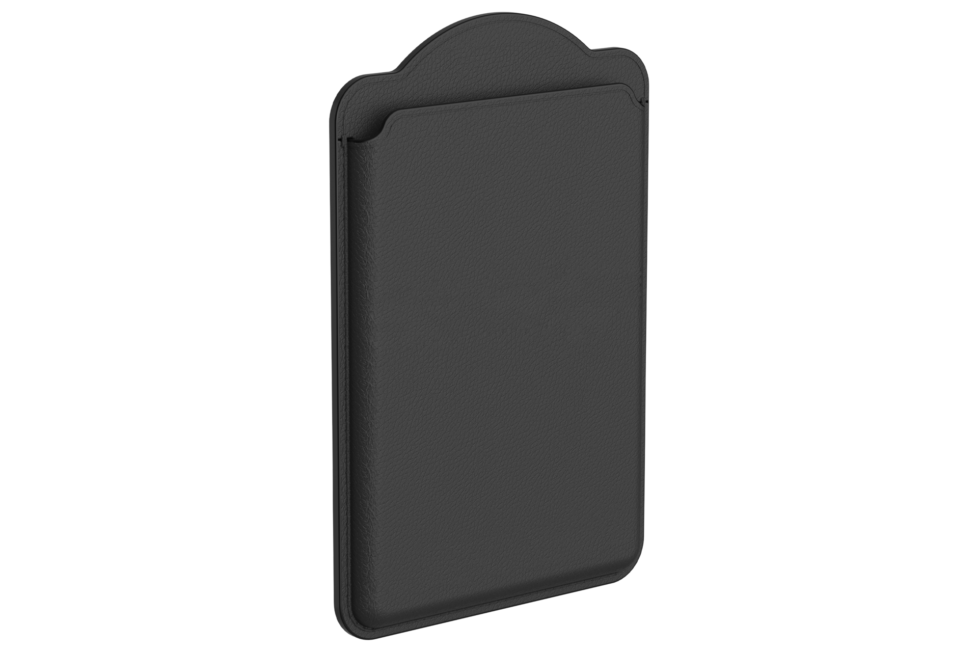 Una custodia per telefono in pelle nera con un design superiore unico, su sfondo bianco. La trama della pelle è visibile.