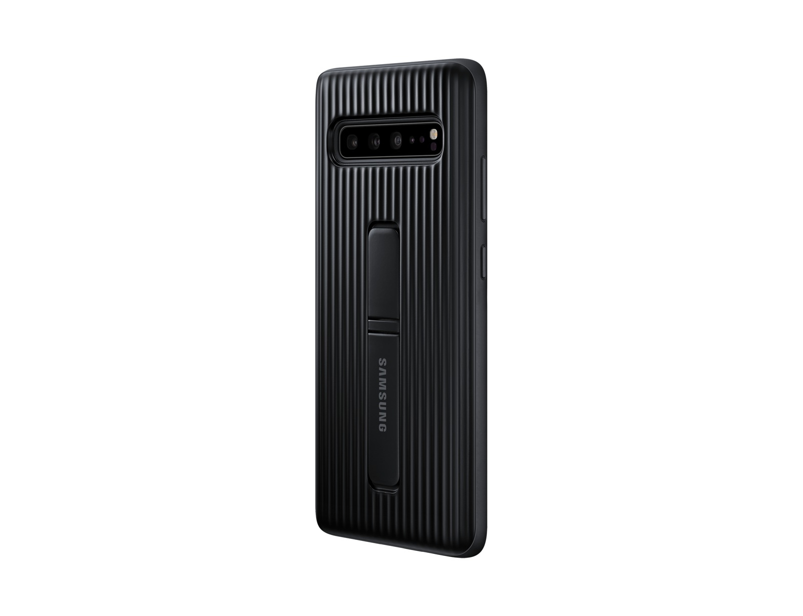 È mostrata una custodia nera per telefono Samsung con texture a coste e un cavalletto su sfondo bianco.