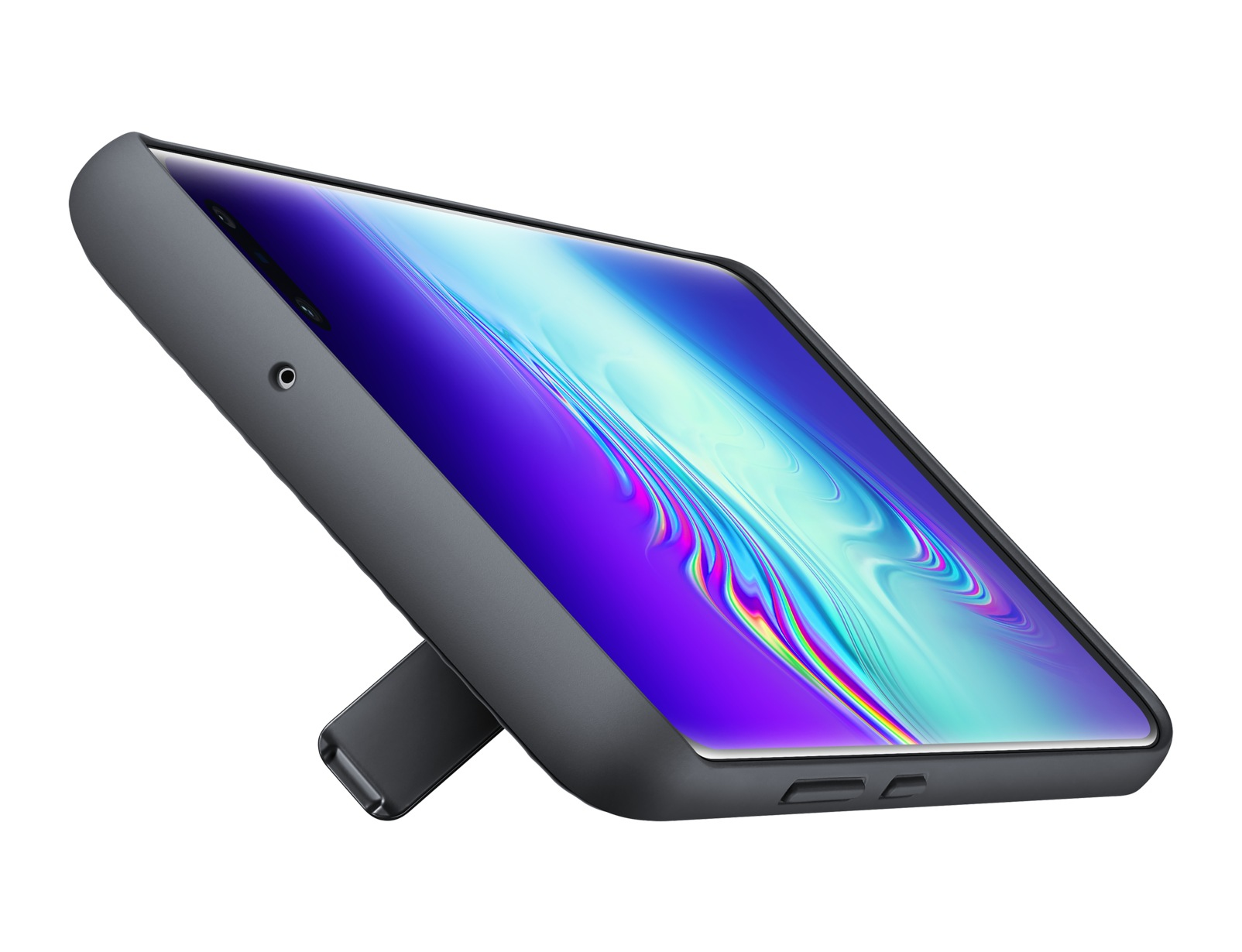 Uno smartphone con custodia nera è sorretto da un supporto. Lo schermo mostra un design astratto colorato.