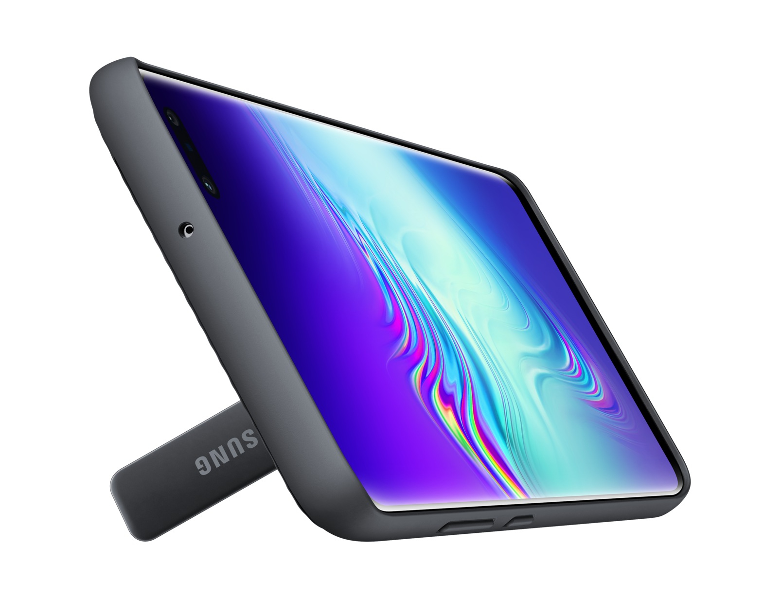 Uno smartphone in una custodia grigio scuro con un supporto. Lo schermo mostra un'immagine colorata. Il supporto ha il logo Samsung.