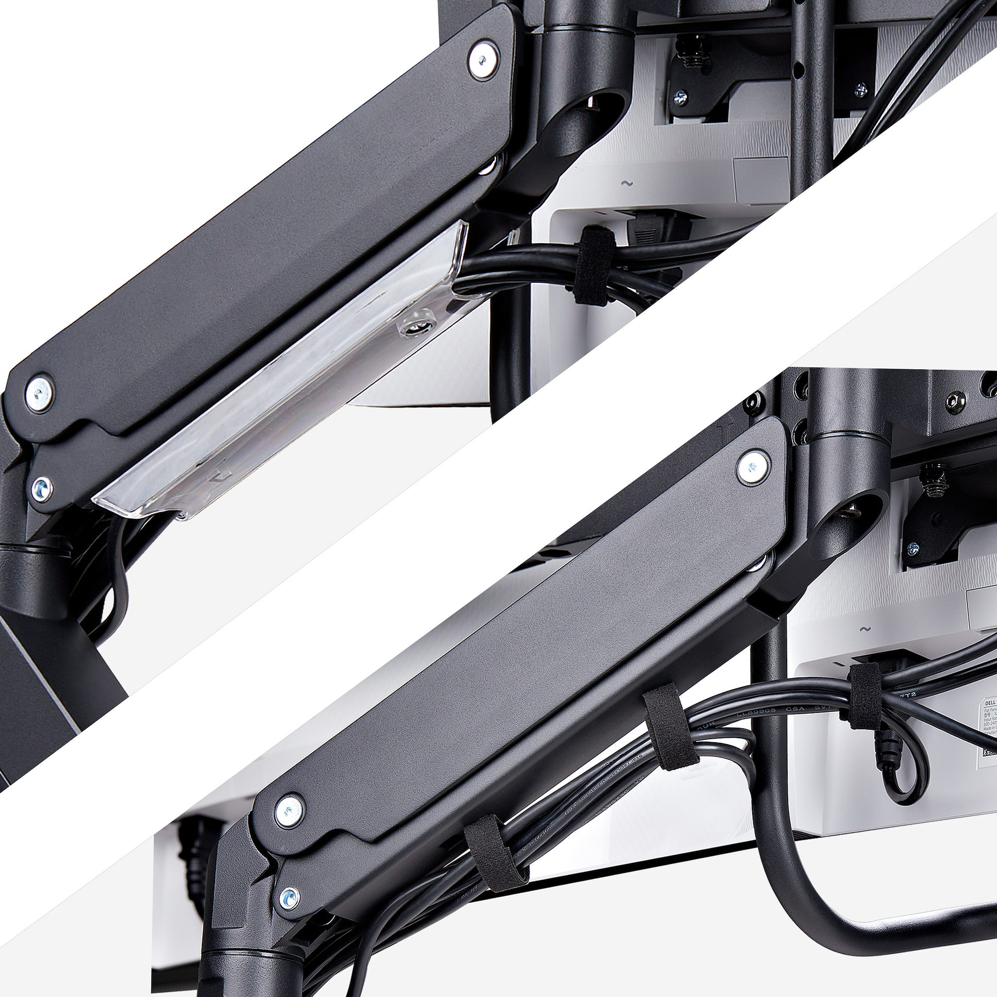 Nahaufnahme eines schwarzen Monitorarms mit silbernen Akzenten, Kabeln und weißem Hintergrund.