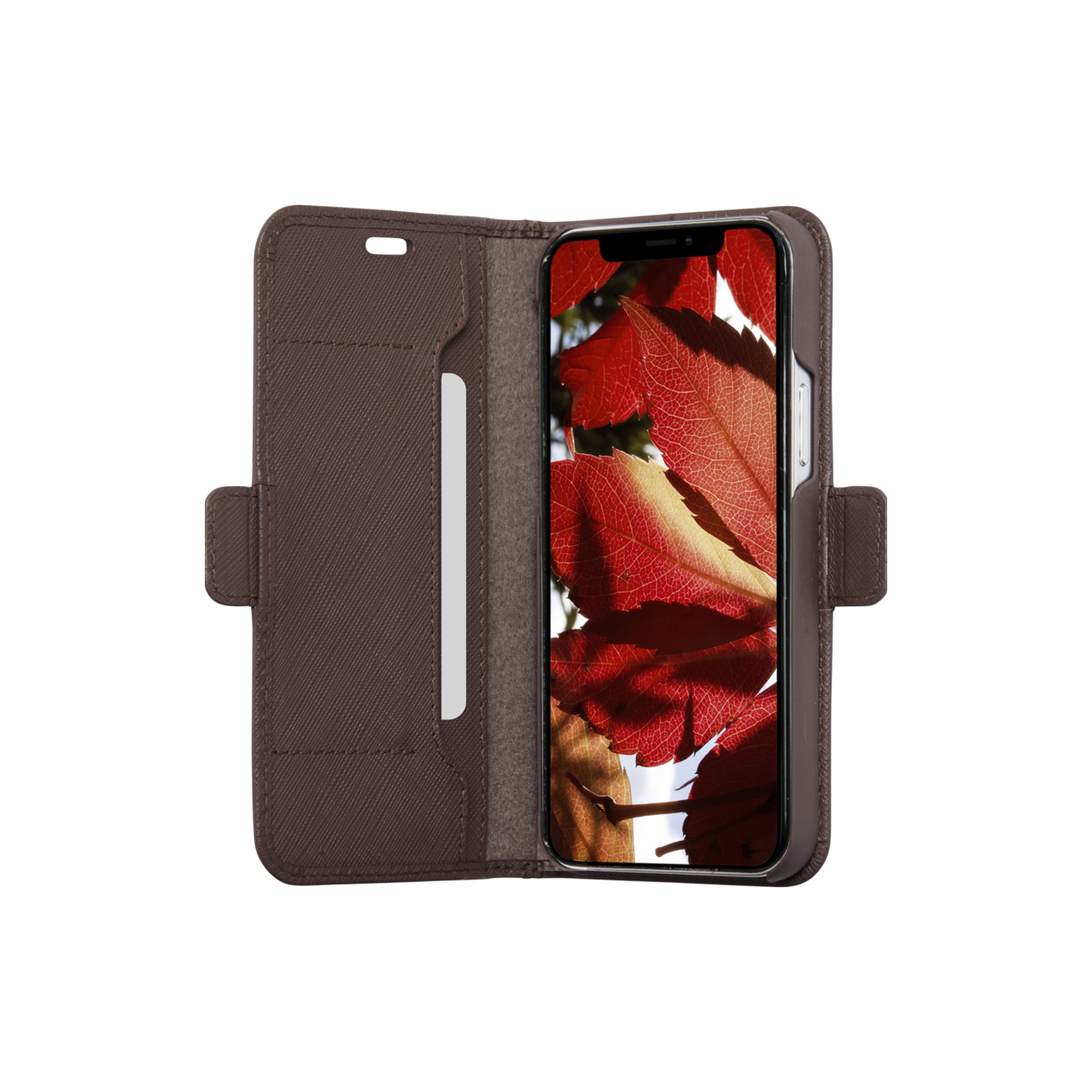 Geöffnete braune Handyhülle mit Telefon, das rote Blätter anzeigt. Eine weiße Karte ist im Etui.