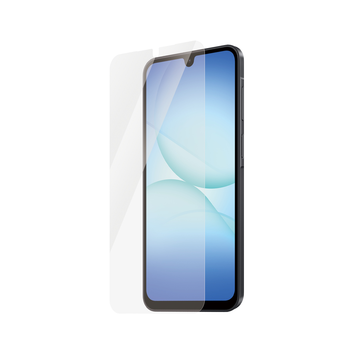 Smartfon z ochraniaczem ekranu. Telefon jest czarny, ekran wyświetla niebiesko-biały gradient. Ochraniacz jest przezroczysty.