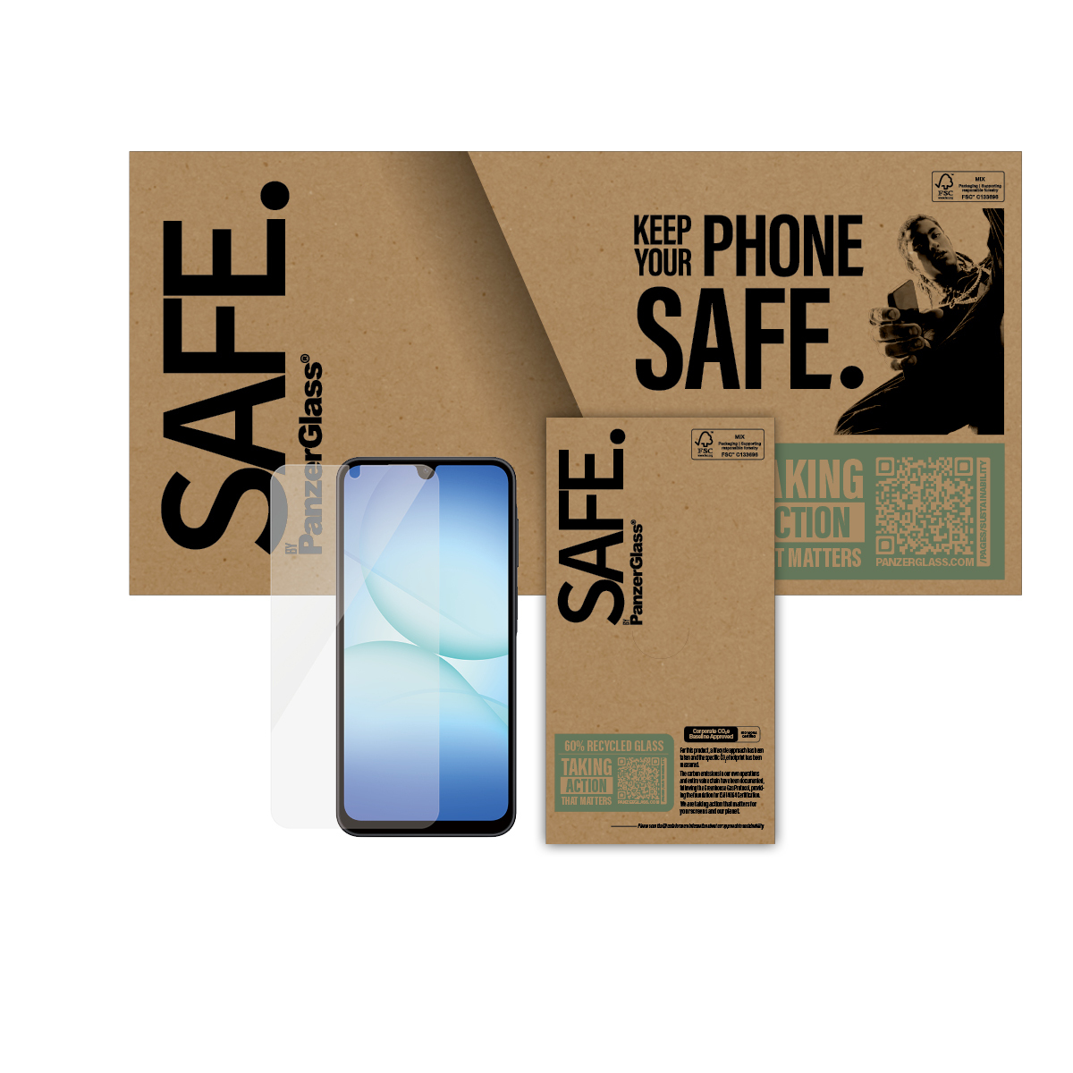 Telefon i ochraniacz ekranu są wyświetlane z kartonowym opakowaniem. Tekst brzmi 'Keep Your Phone Safe' i 'Safe'.