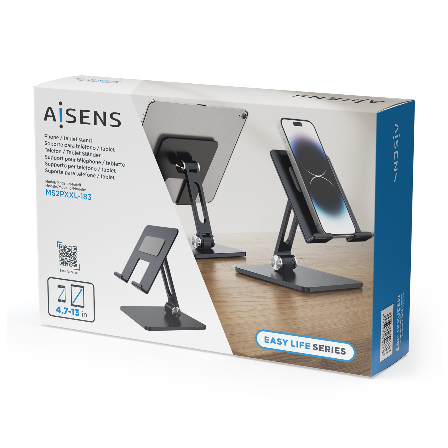 Eine Schachtel zeigt Handy-/Tablet-Ständer. Einer hält ein Tablet, ein anderer ein Telefon. Die Schachtel ist mit 'AISENS' und 'EASY LIFE SERIES' beschriftet.