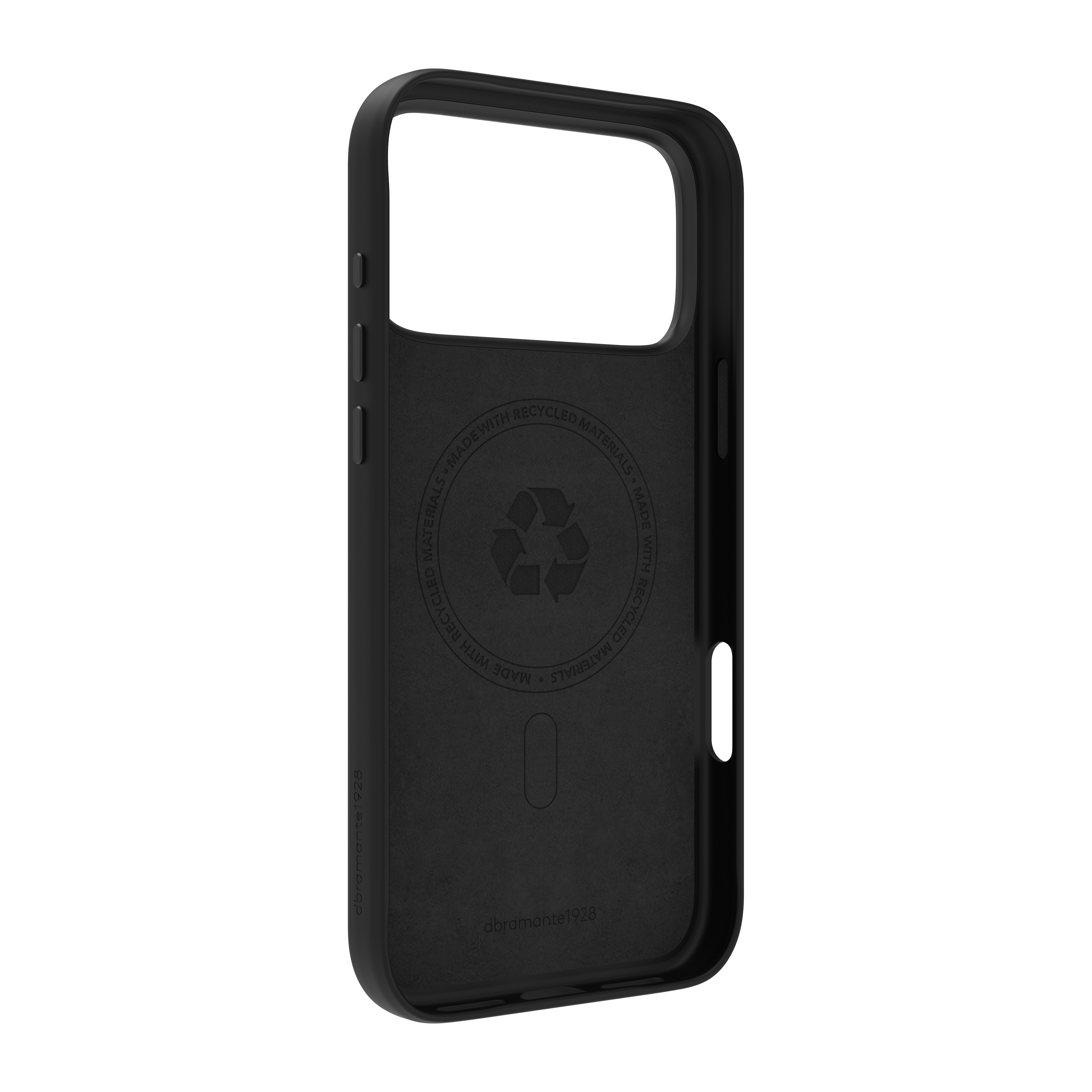 Una custodia nera per telefono con un ritaglio per la fotocamera. Ha un logo di riciclaggio e il testo: Realizzato con materiali riciclati.