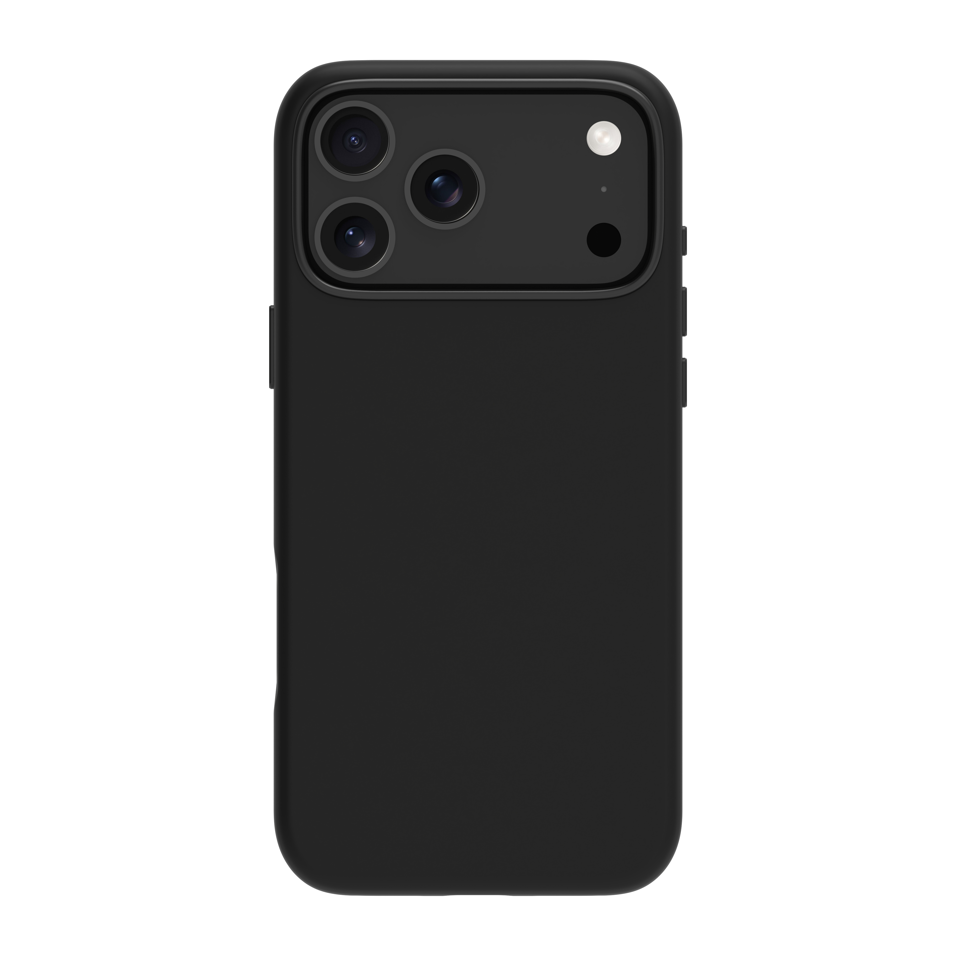 Custodia nera per telefono. In alto sono visibili tre obiettivi della fotocamera e un flash. La custodia è su sfondo bianco.