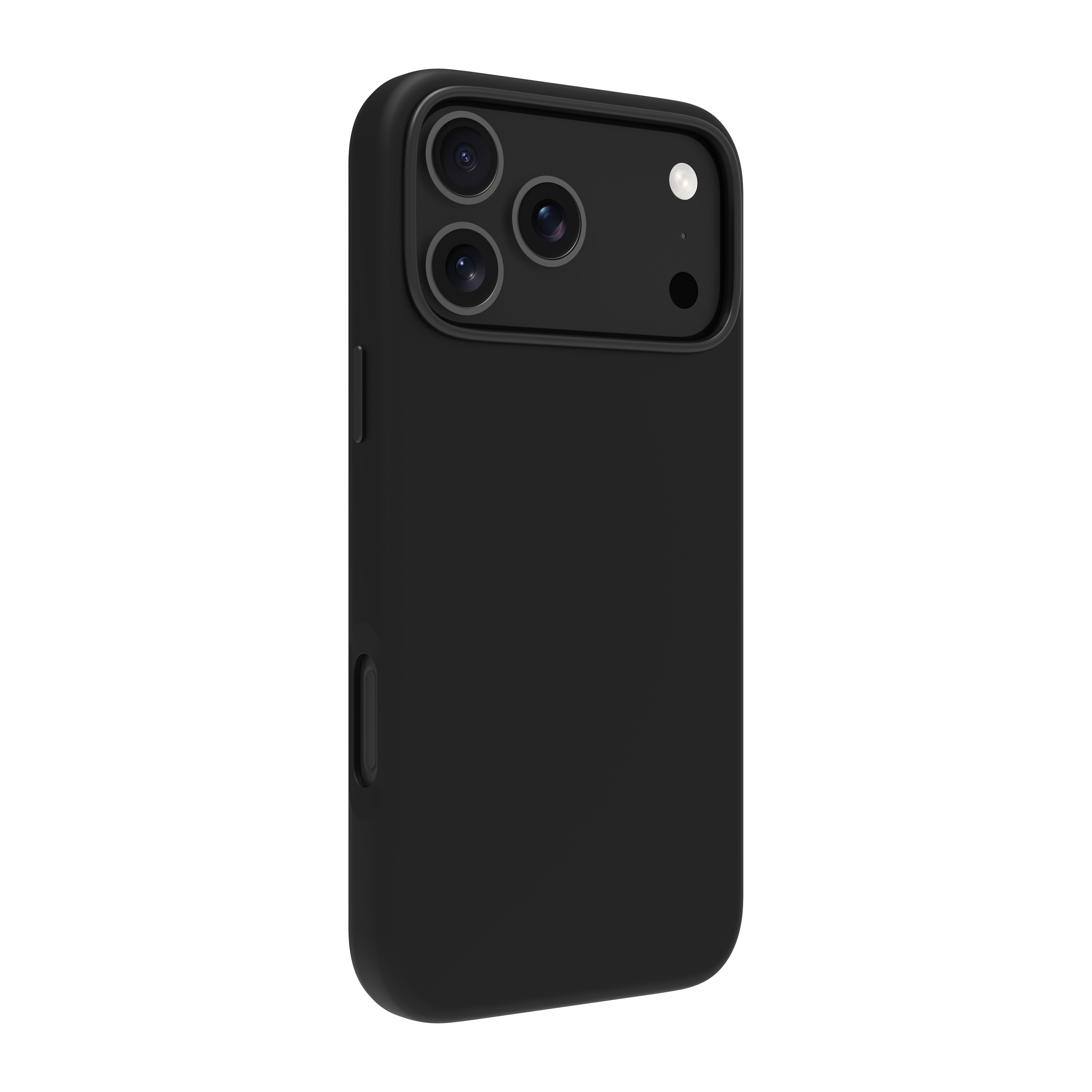 Una custodia nera per telefono con modulo fotocamera, su sfondo bianco.