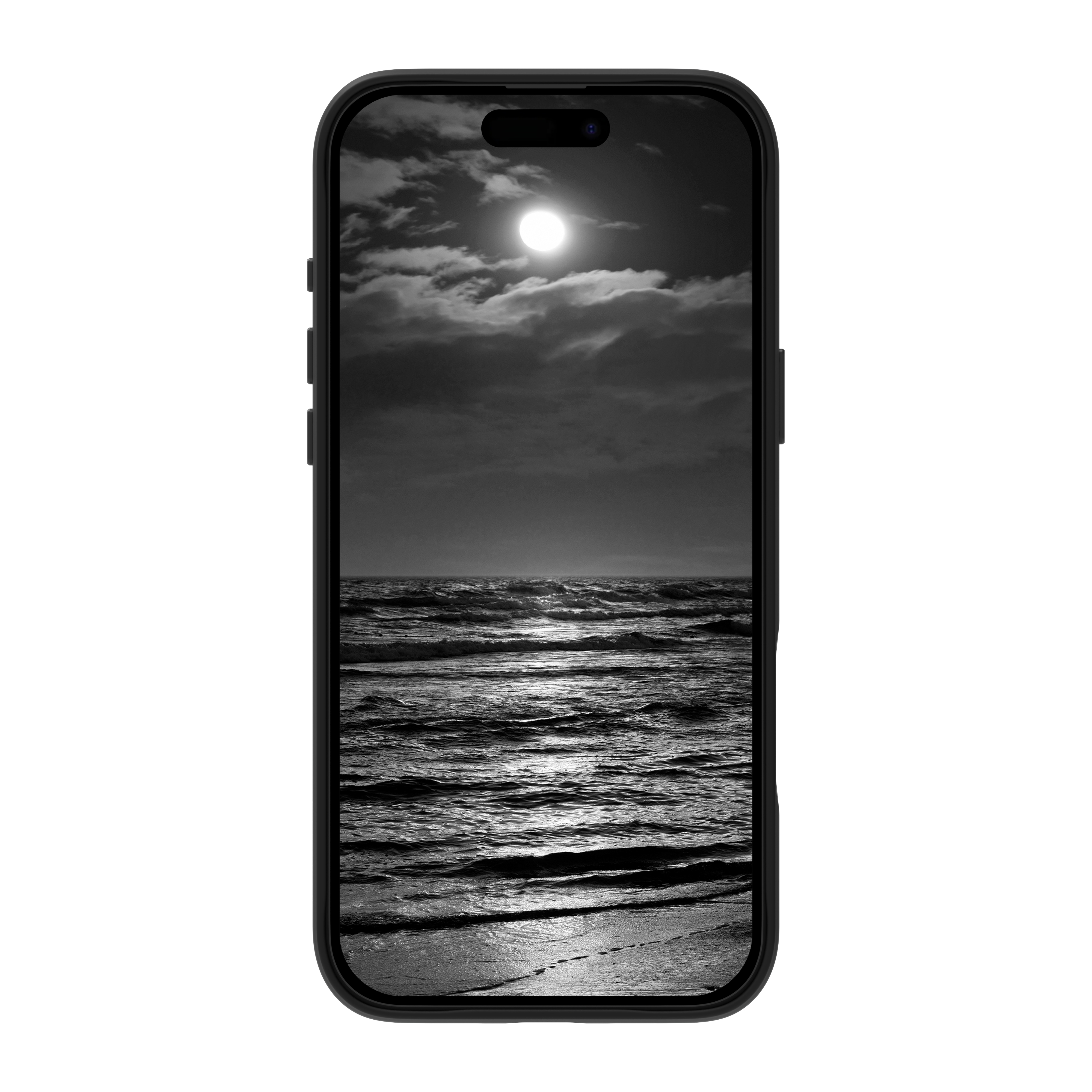 Un telefono mostra un'immagine in bianco e nero di un oceano illuminato dalla luna con le onde. Il telefono è nero, su sfondo bianco.
