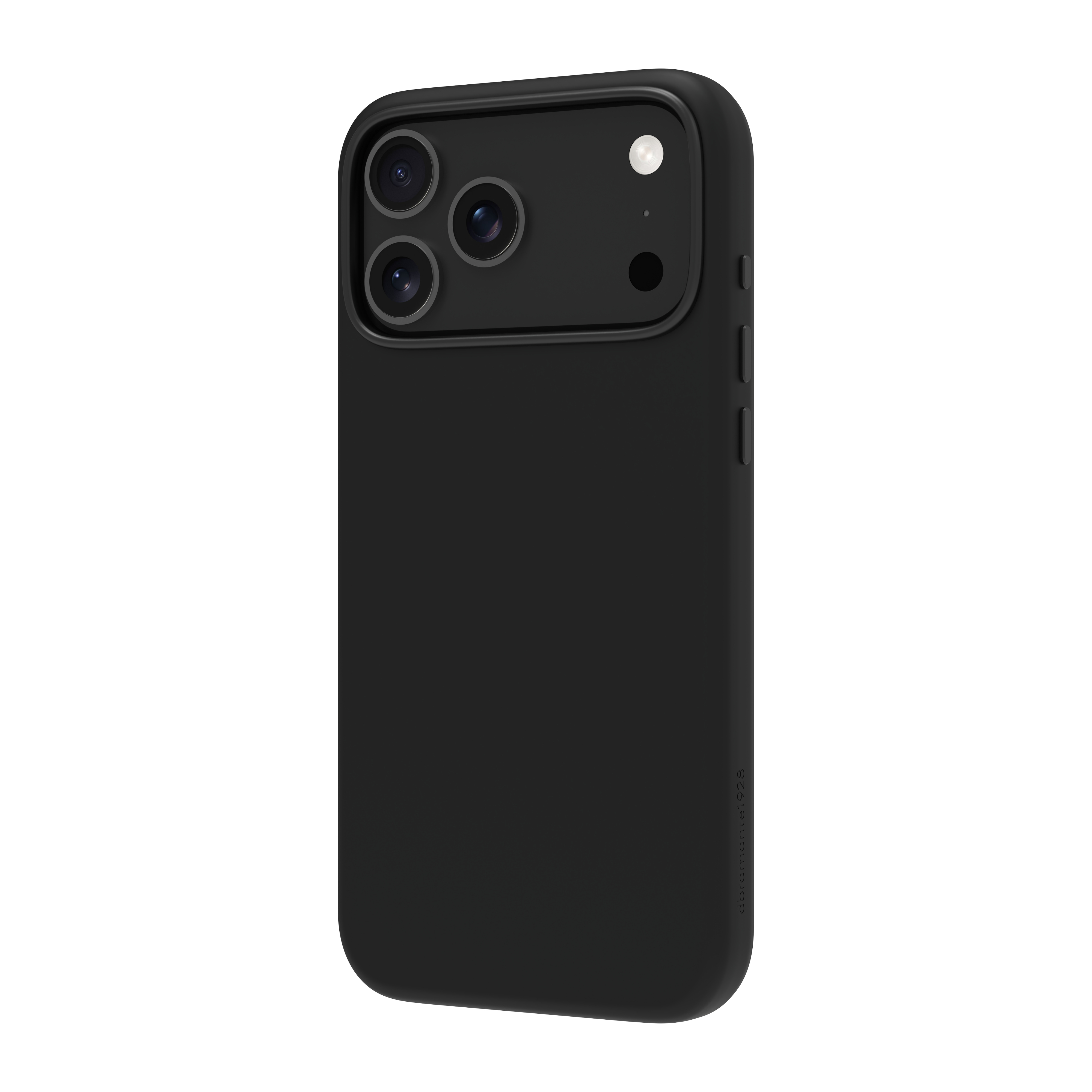 Custodia nera per telefono con sezione fotocamera. Tre lenti e flash visibili. Bordi arrotondati e pulsanti laterali.