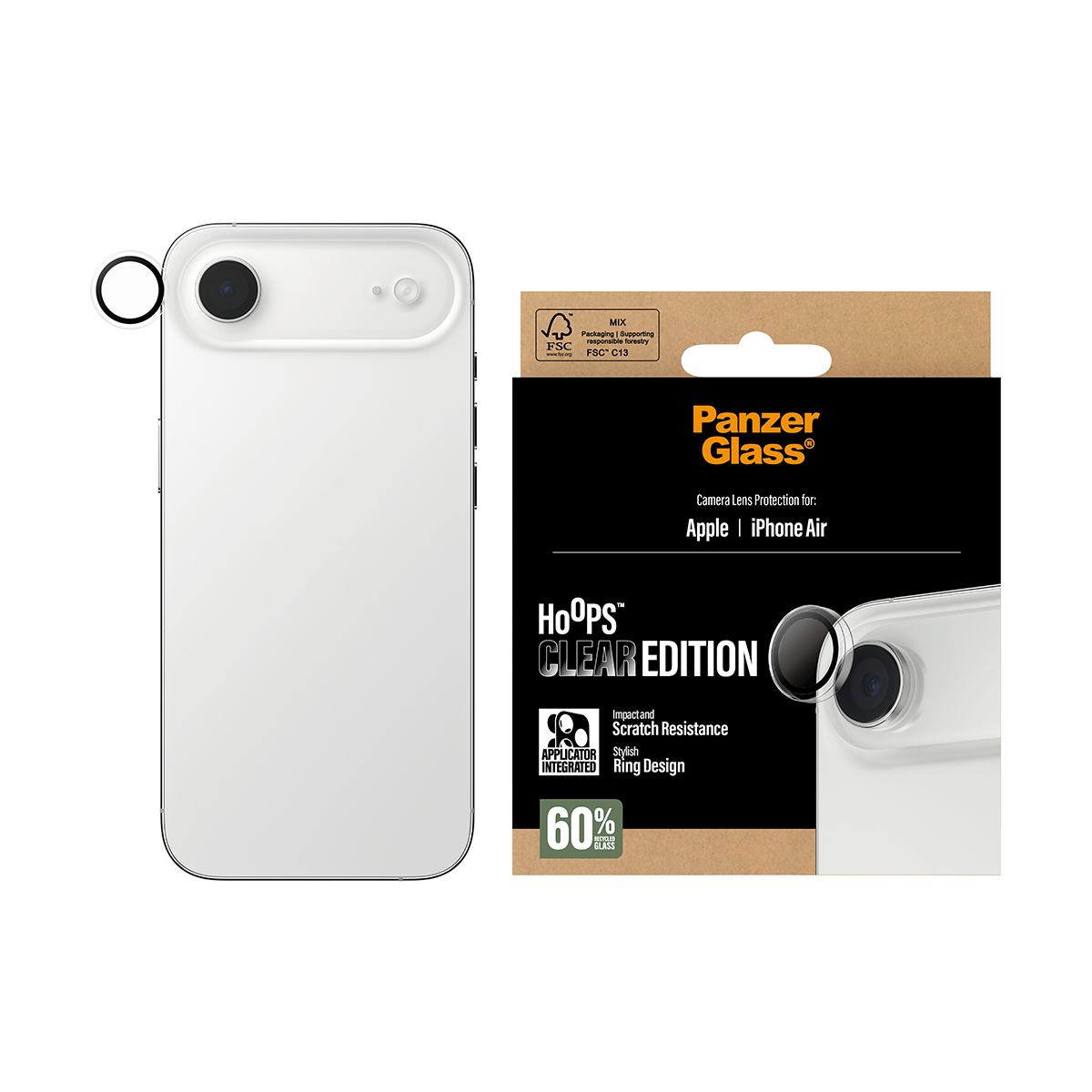 Een iPhone met een beschermdoosje voor de cameralens. Op de doos staat 'Panzer Glass' en 'Hoops Clear Edition'.