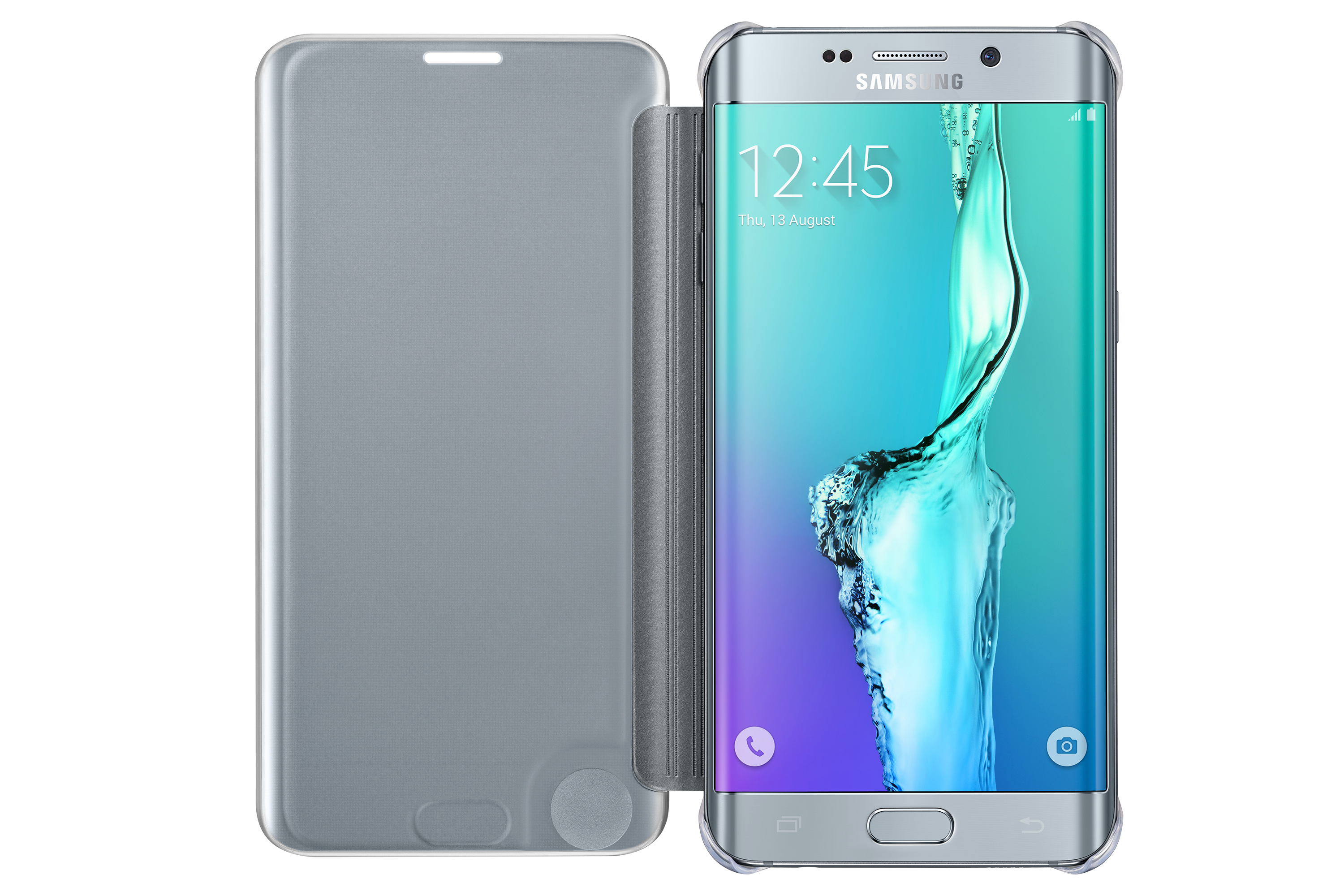 Smartphone argentato con schermo che mostra l'ora e custodia grigia aperta. Sfondo bianco.