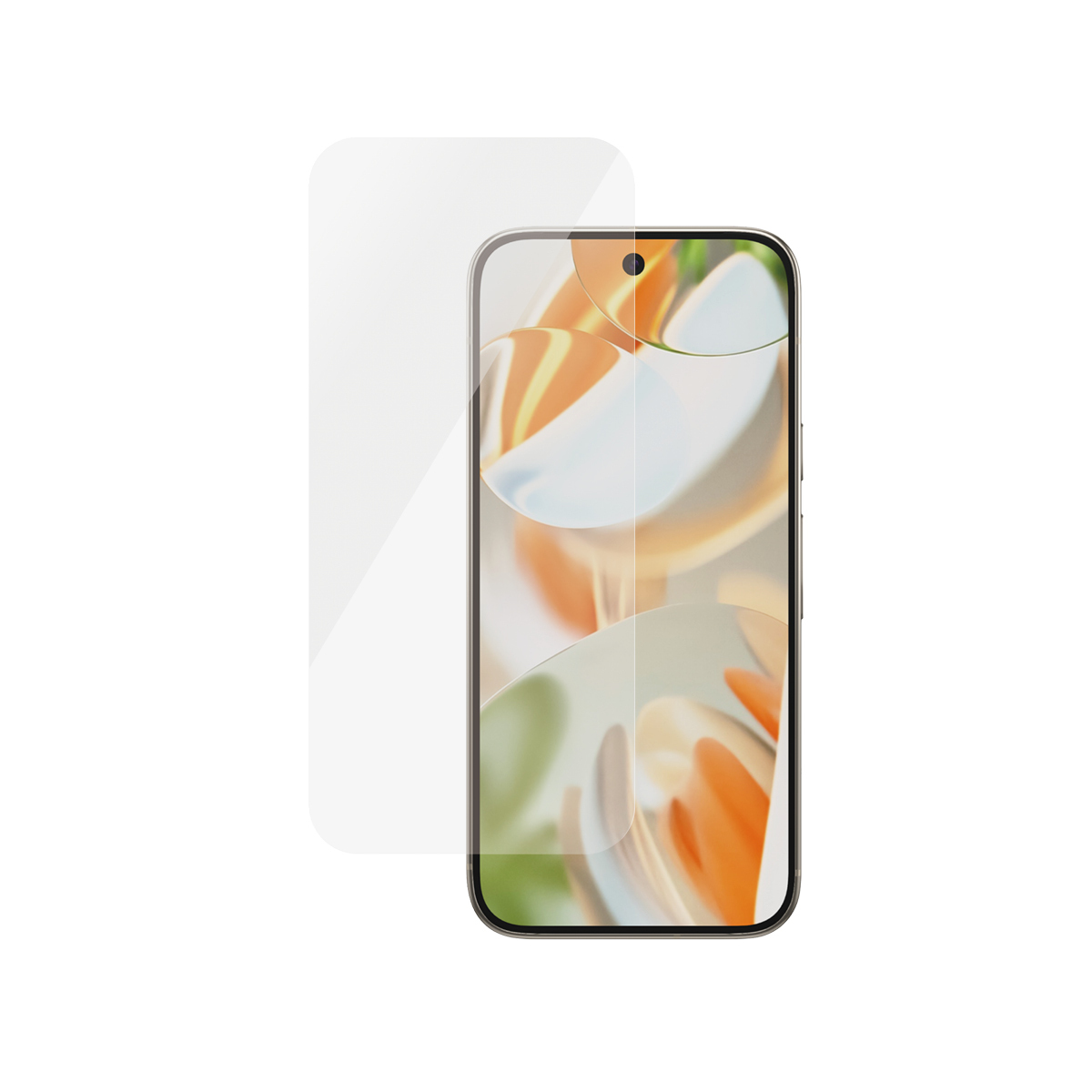 Uno smartphone con una protezione schermo accanto. Il telefono mostra un'immagine astratta colorata. Lo sfondo è bianco.