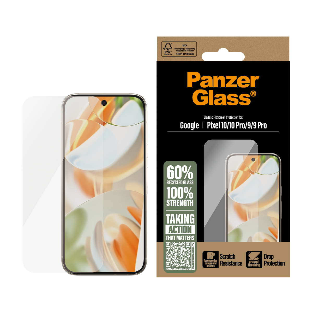 Un proteggi schermo PanzerGlass per telefoni Google Pixel. La confezione mostra il telefono con il proteggi schermo applicato, oltre alle funzioni principali.