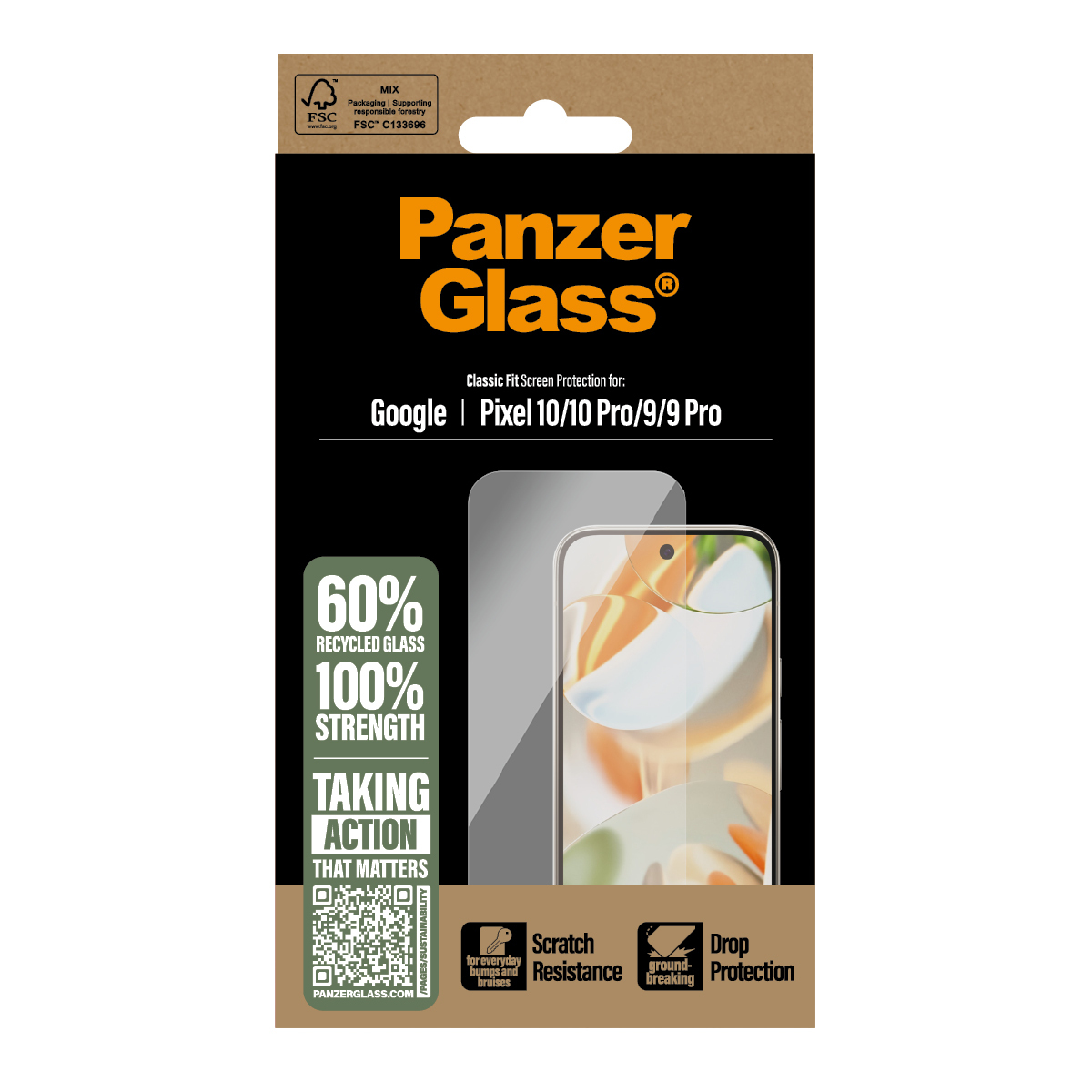 Confezione per protezione schermo Panzer Glass. Mostra il prodotto, evidenzia caratteristiche come la resistenza ai graffi e menziona la compatibilità Google Pixel.