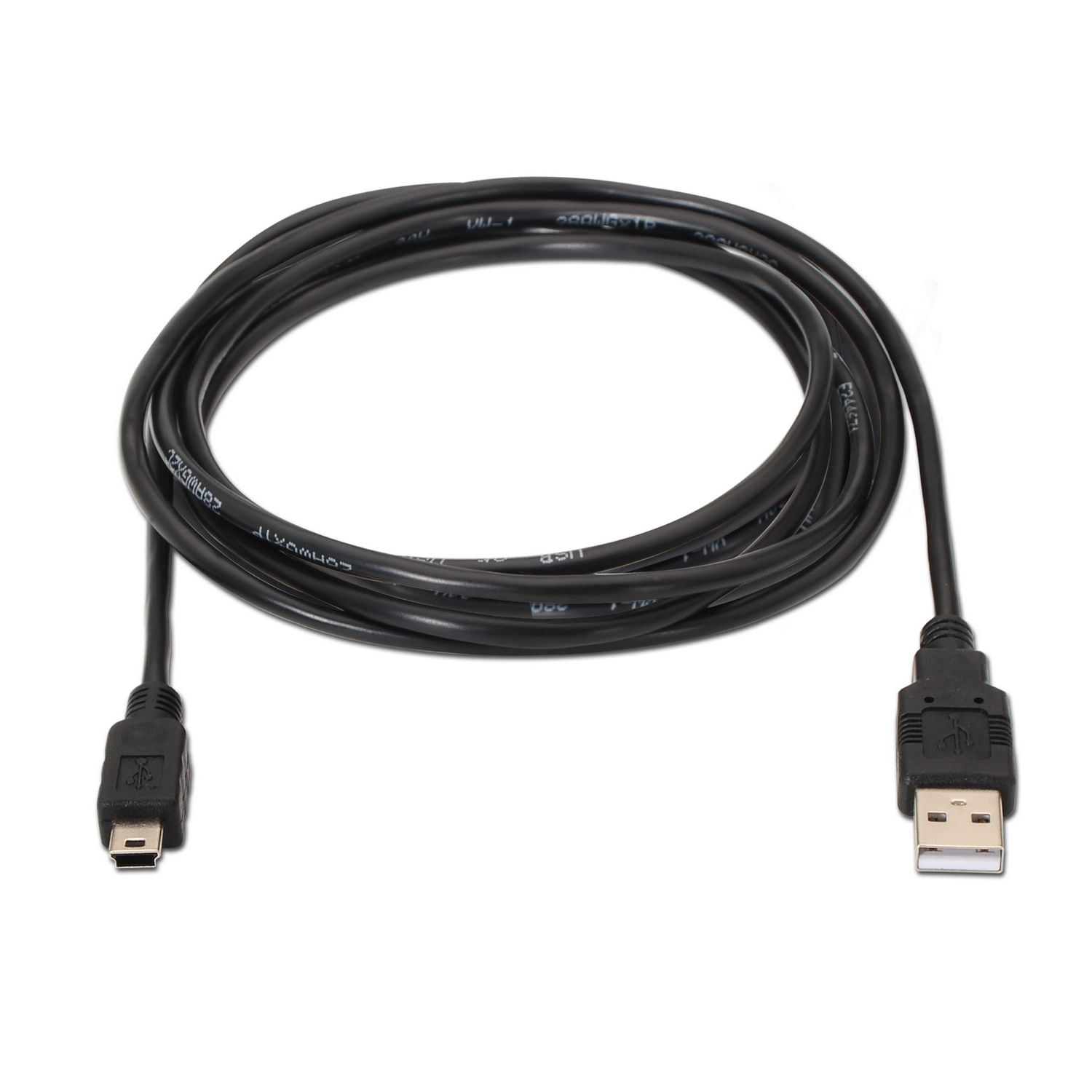 Zwarte USB-kabel met micro-USB en USB-A connector. De kabel is opgerold, op een witte achtergrond.