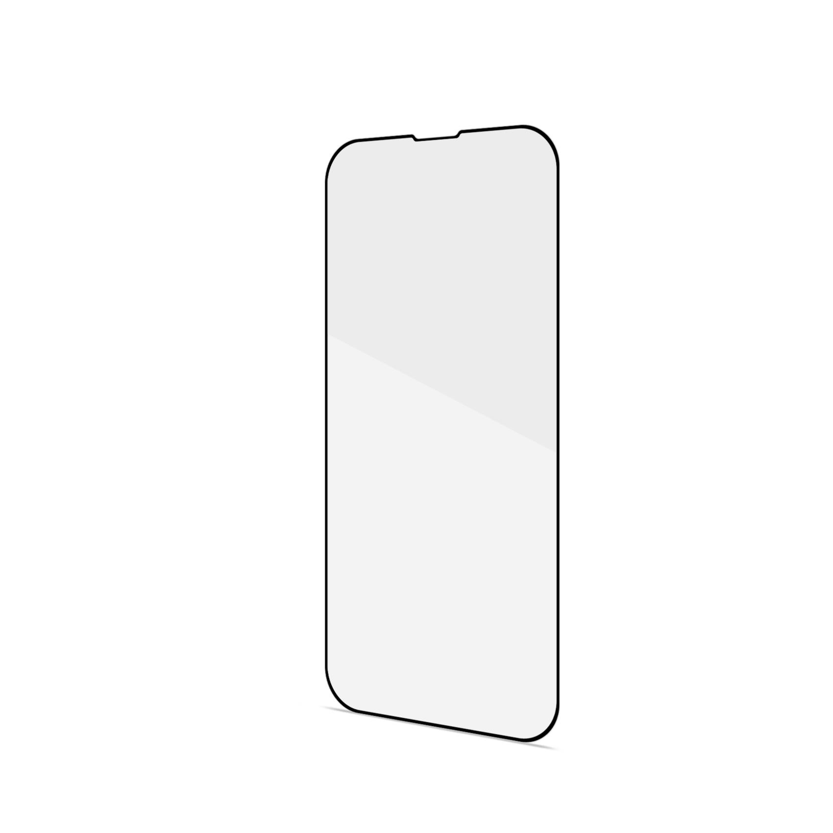 Una protezione schermo per un telefono. È rettangolare con angoli arrotondati e una tacca in alto. Lo sfondo è bianco.