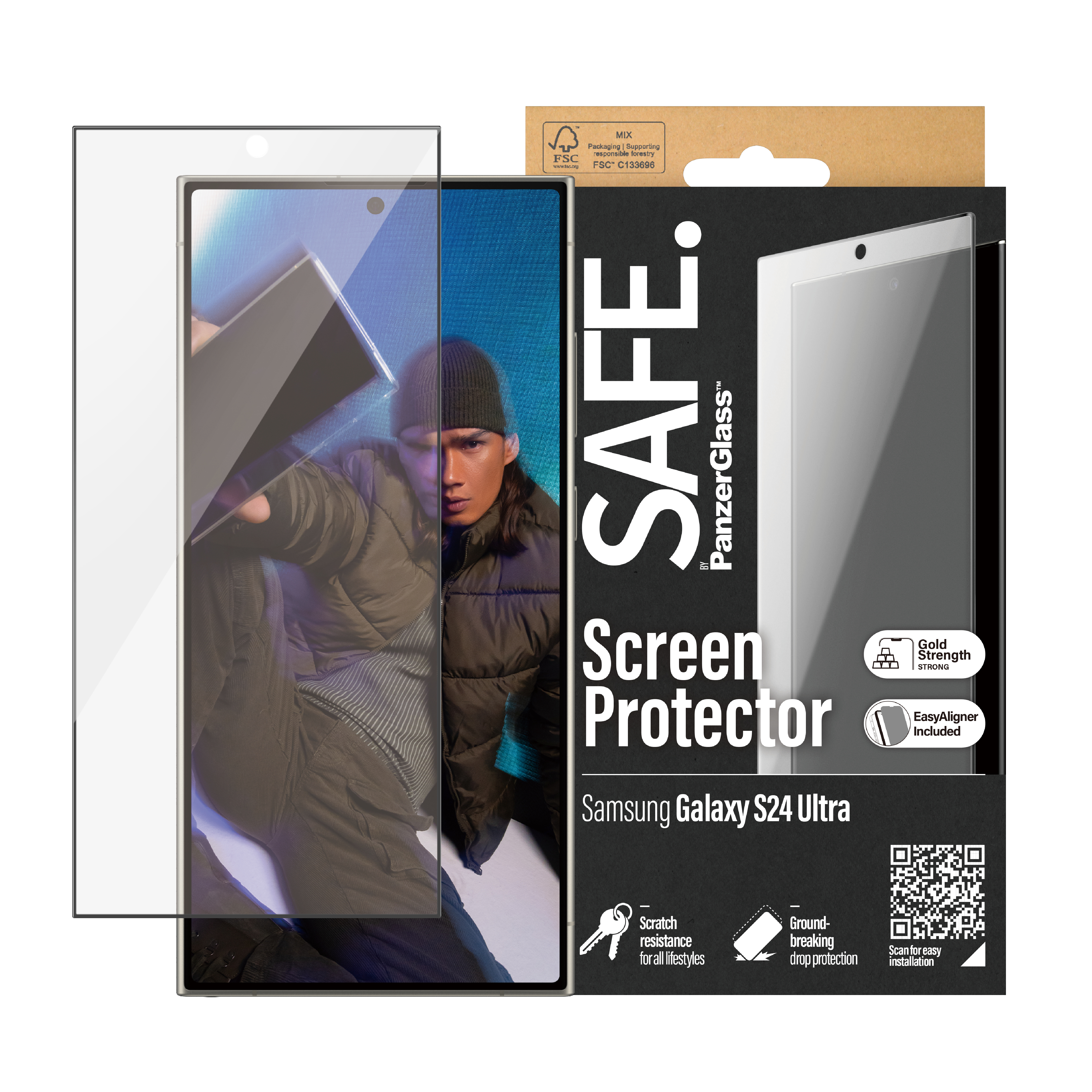 Una confezione di protezione schermo per Samsung Galaxy S24 Ultra, con un modello con berretto e giacca.