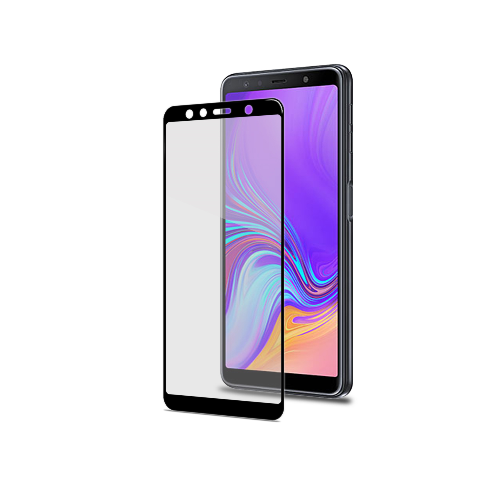 Un telefono e una protezione schermo sono esposti. Il telefono è nero con uno schermo colorato. La protezione è trasparente.