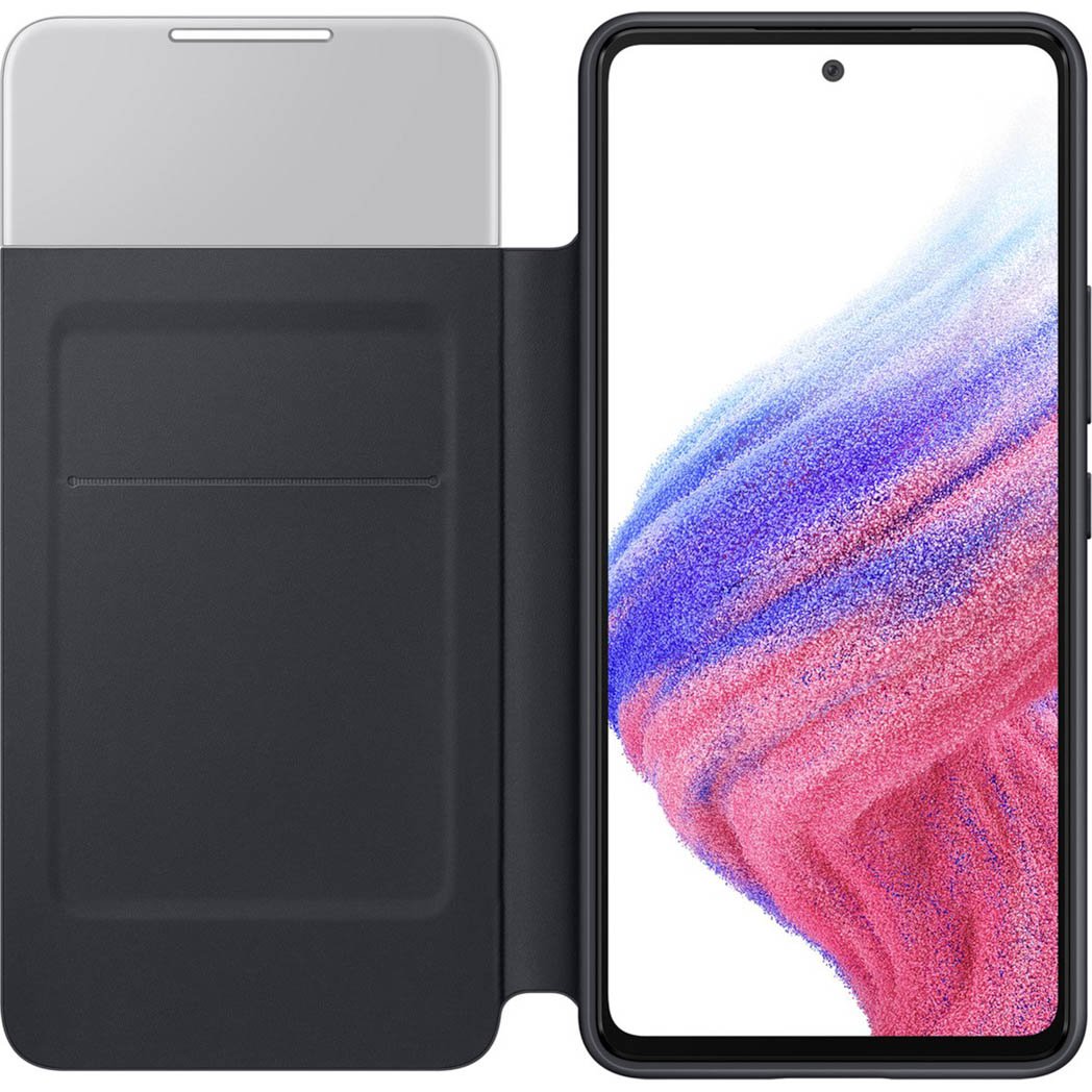 Ein Smartphone in einer dunkelblauen Hülle ist geöffnet und zeigt den Bildschirm mit einem bunten, abstrakten Hintergrund. Die Hülle hat eine hellere obere Abdeckung.