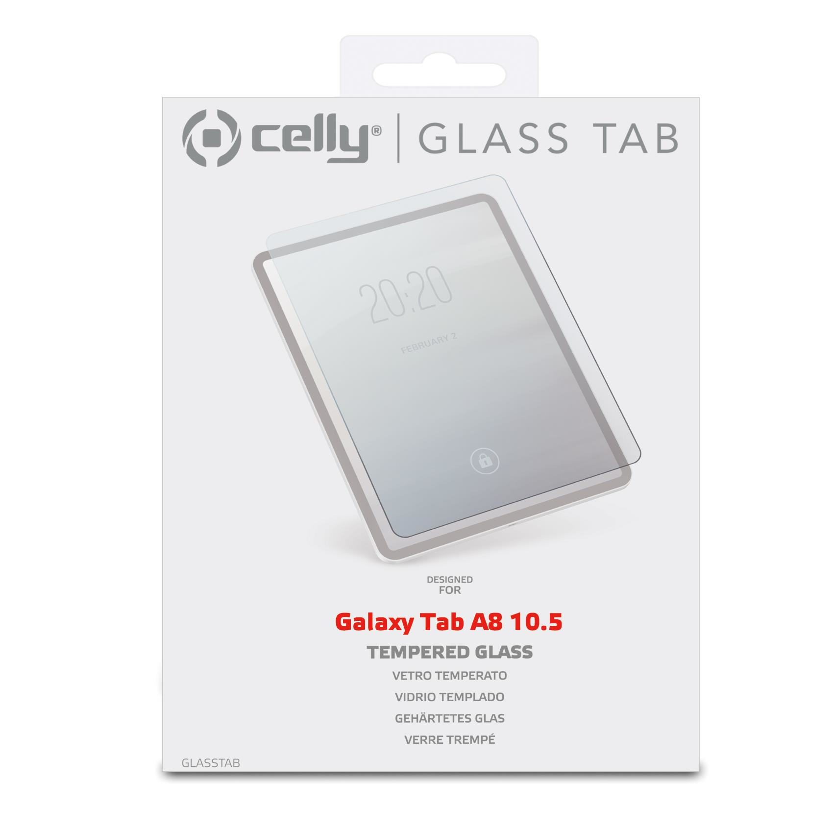 Una scatola bianca con una protezione per lo schermo. Mostra 20:20, 2 febbraio e GLASS TAB per Galaxy Tab A8 10.5.