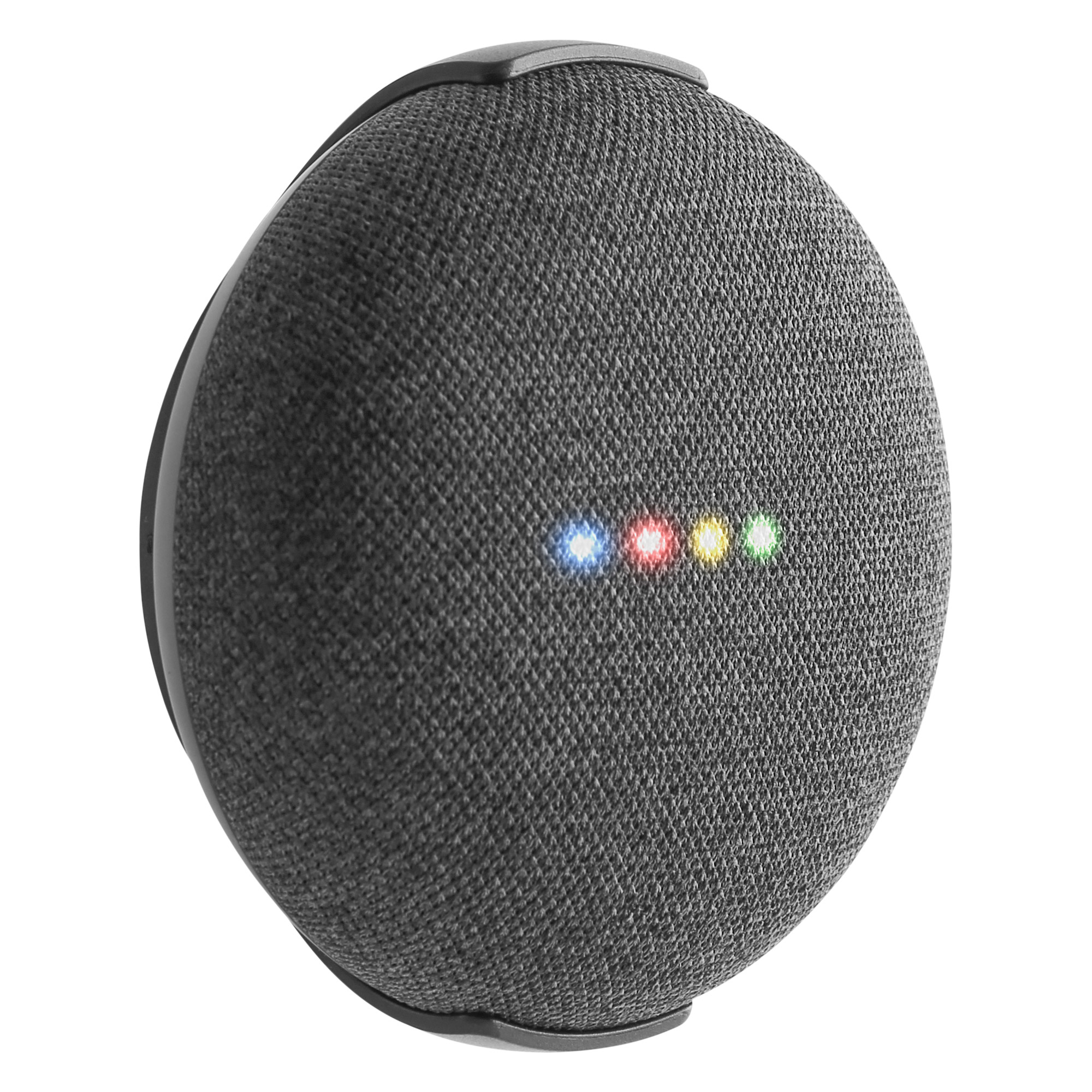 Ein grauer Google Nest Mini-Lautsprecher mit vier farbigen Lichtern auf weißem Grund.