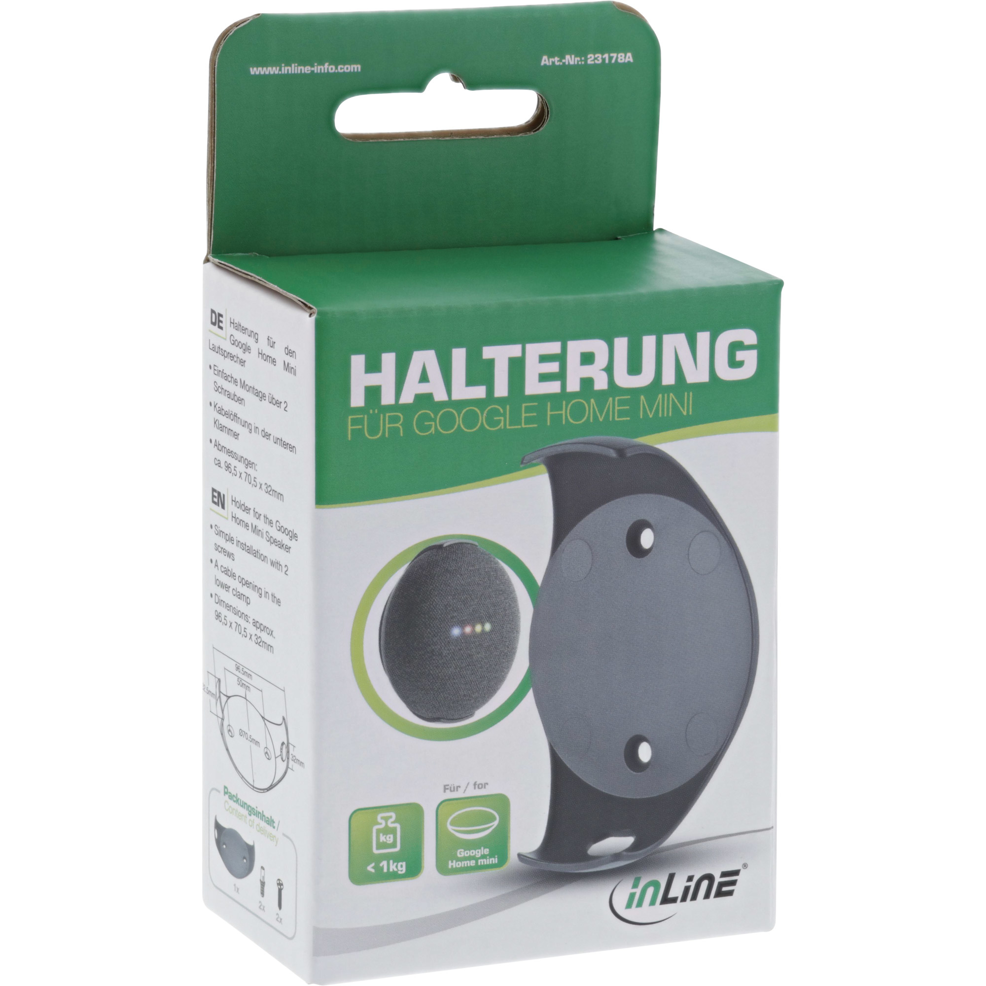 Eine Schachtel mit einem Google Home Mini-Halter, grün und weiß. Der Halter ist schwarz. Text auf Englisch und Deutsch.