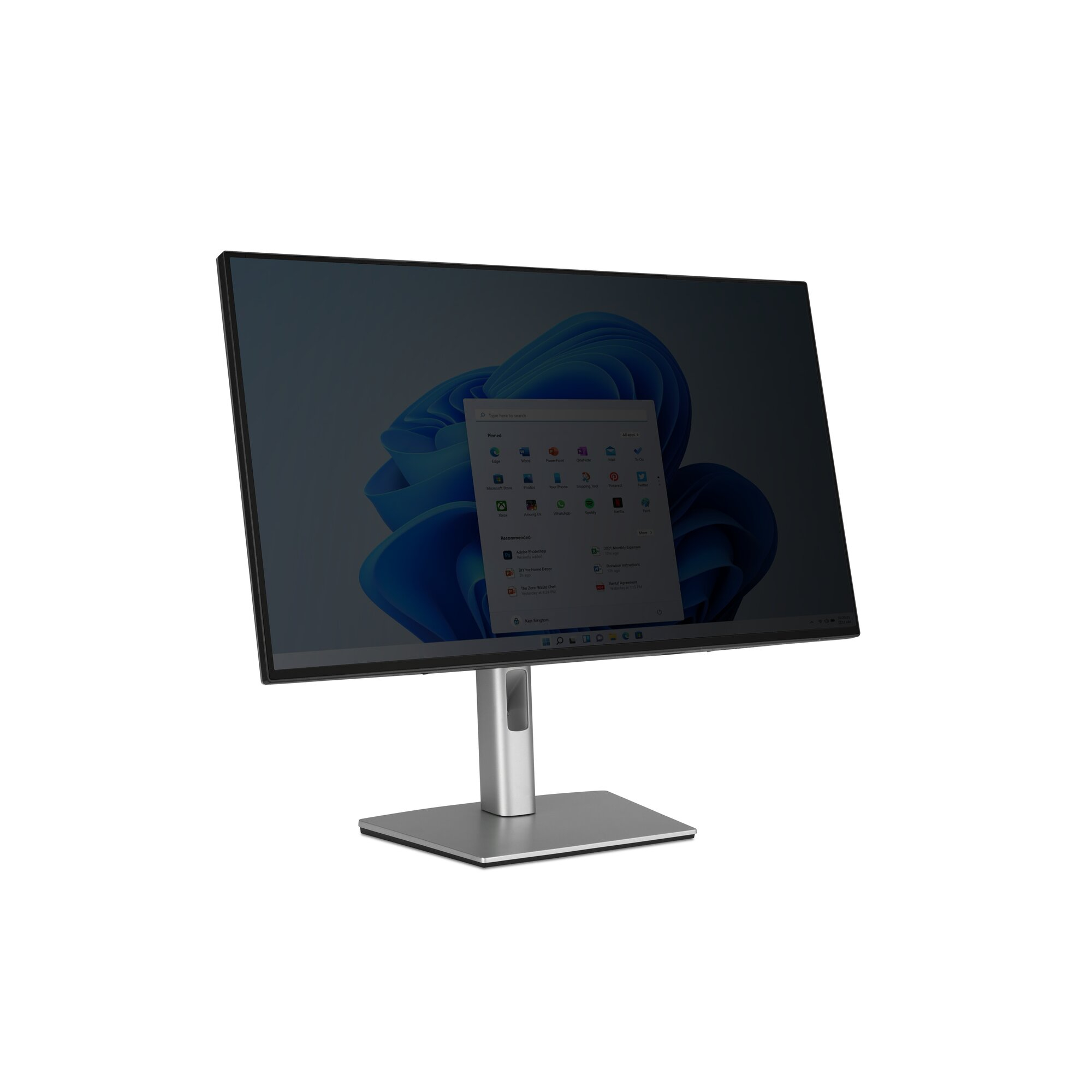 Un monitor de computadora muestra una interfaz de Windows 11. El monitor es plateado, con base rectangular y pantalla negra.