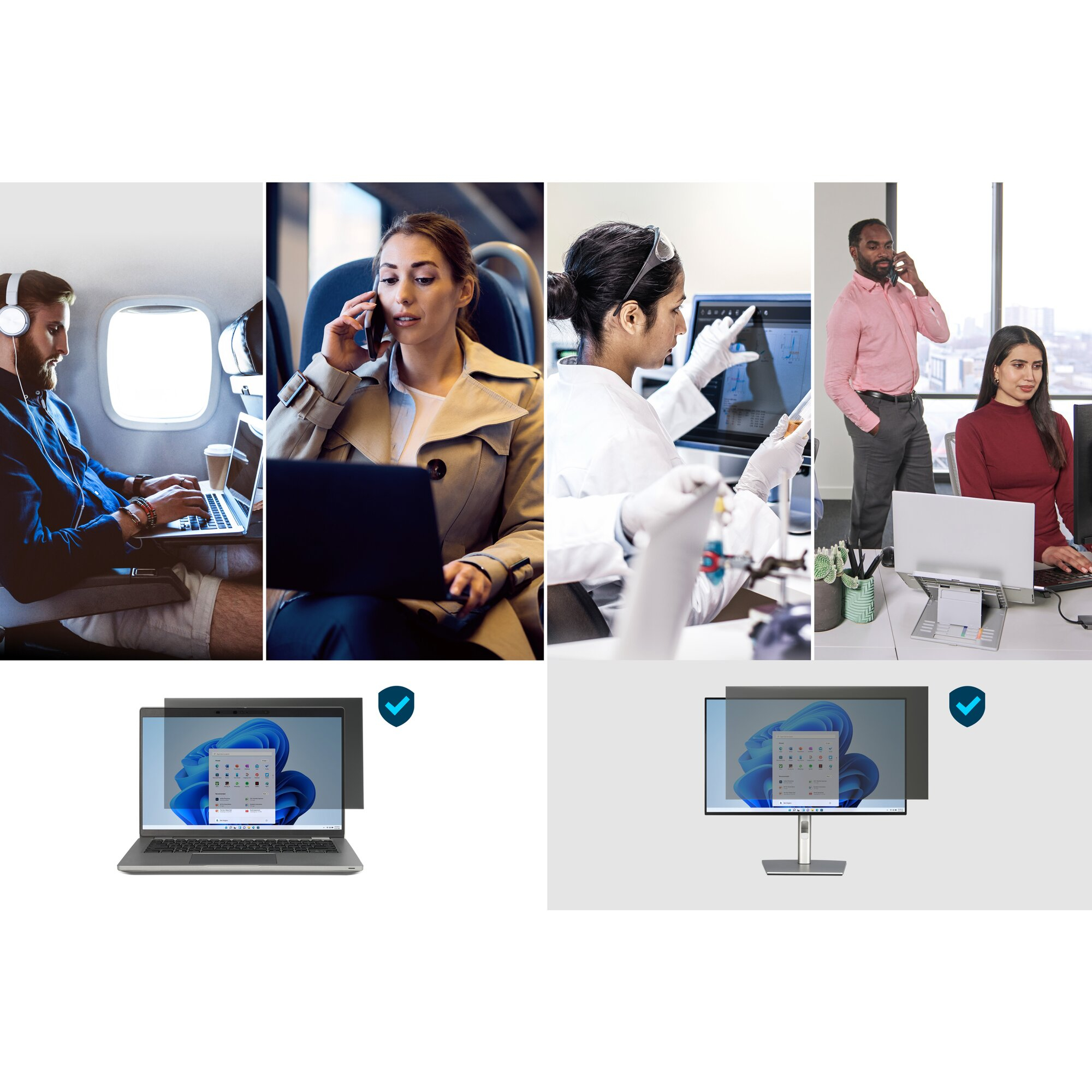 La imagen muestra a personas usando computadoras portátiles y un monitor. Una persona está en un avión, otra en un tren y otras en oficinas.