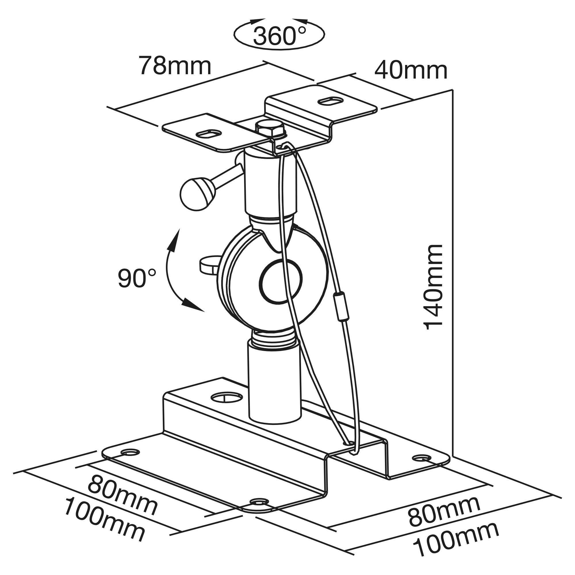 Technische Zeichnung einer Metallhalterung mit Abmessungen und Drehbarkeit.
