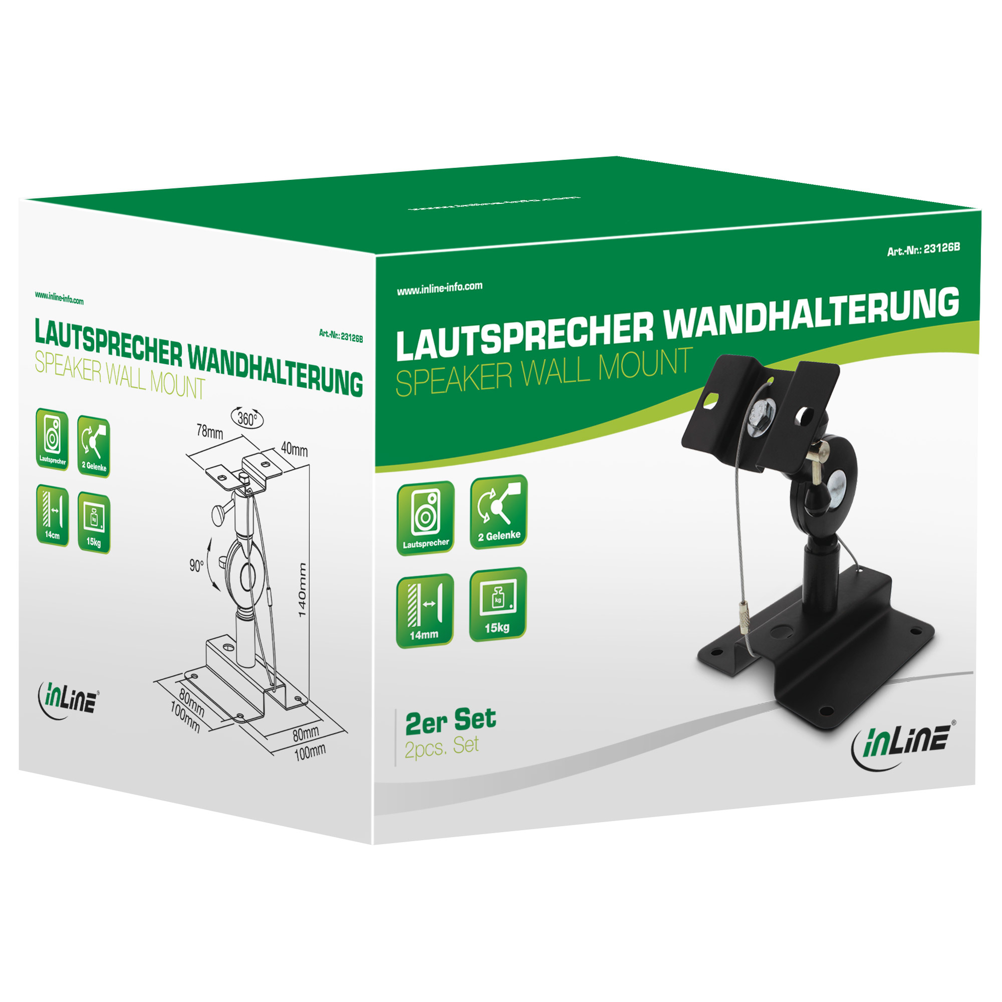 Eine Box mit einer Lautsprecher-Wandhalterung, schwarzem Metall, mit Maßen und Spezifikationen und dem InLine-Logo.