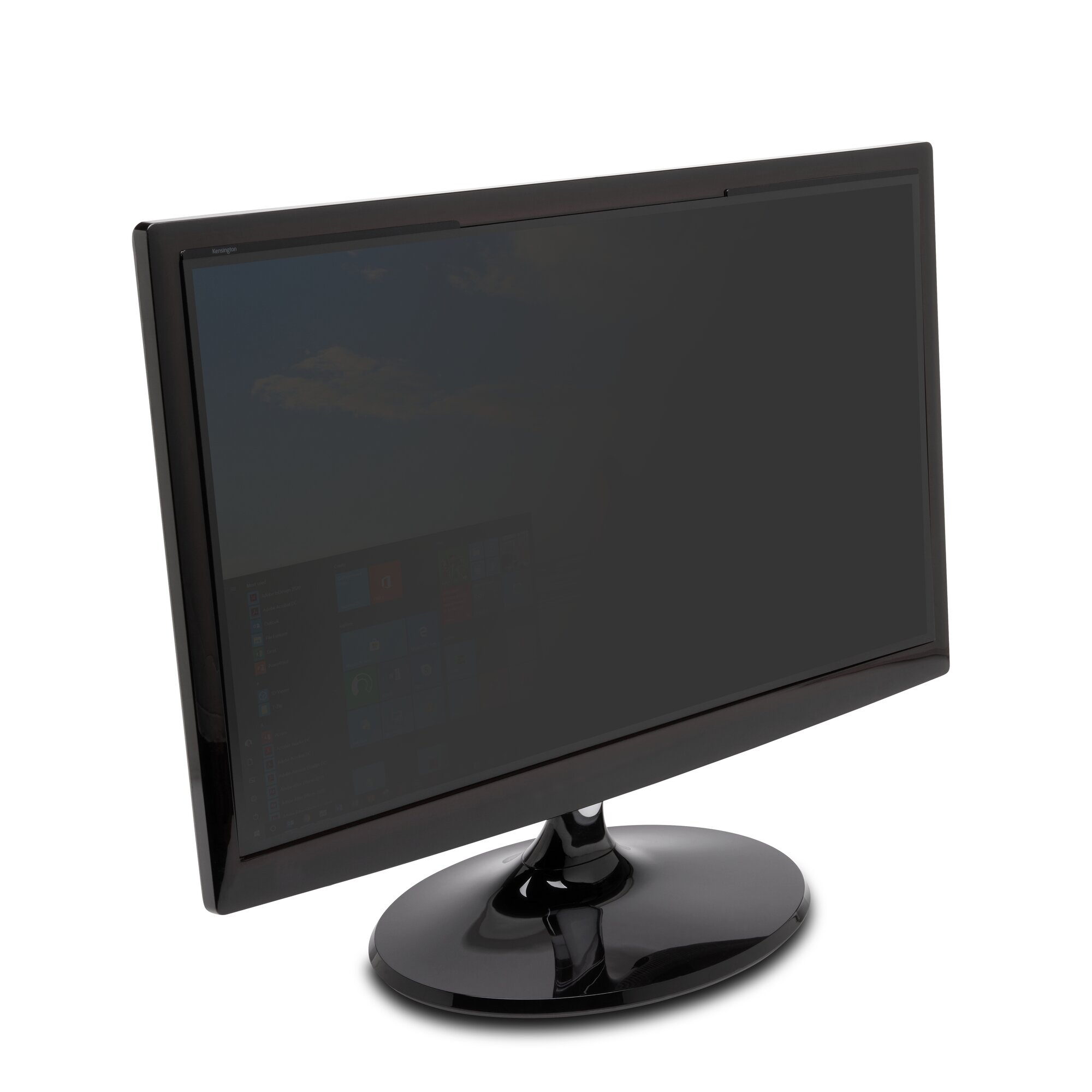Un monitor de computadora negro sobre un fondo blanco. La pantalla muestra iconos. El monitor tiene un soporte negro.