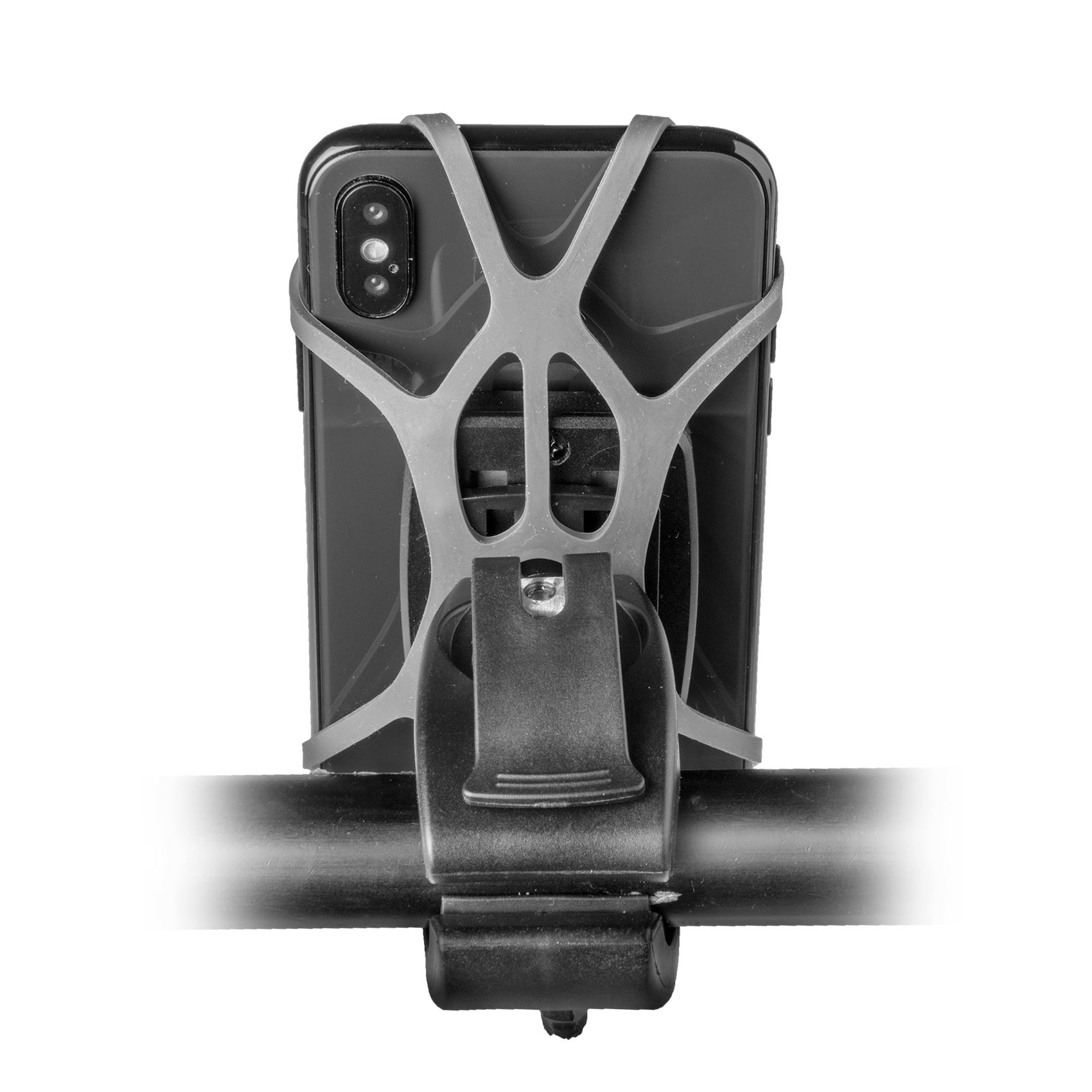 Un teléfono en un soporte, montado en una barra. El teléfono es negro, el soporte es gris y negro.