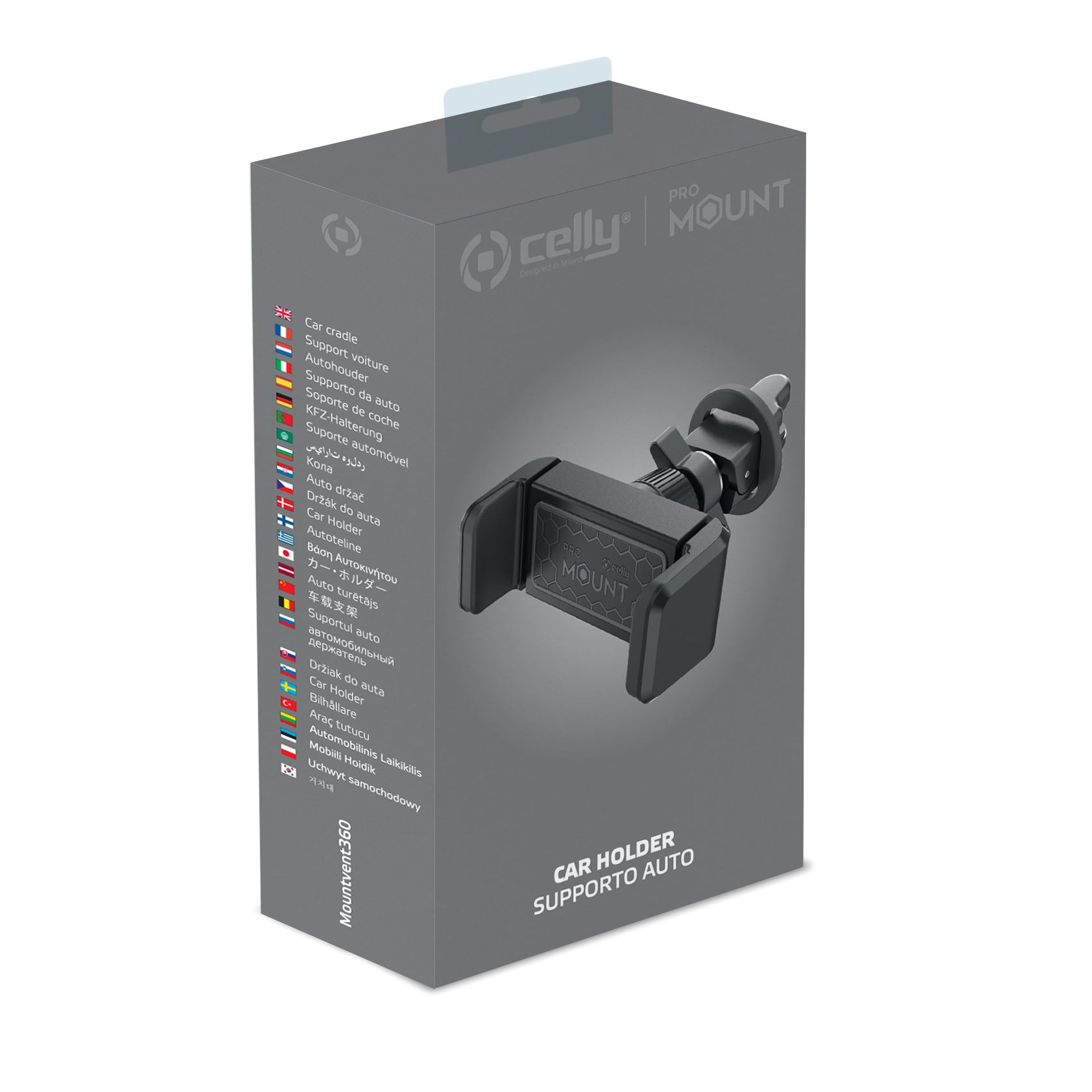 Un soporte para teléfono de coche se muestra en su caja. La caja es gris y el soporte es negro.