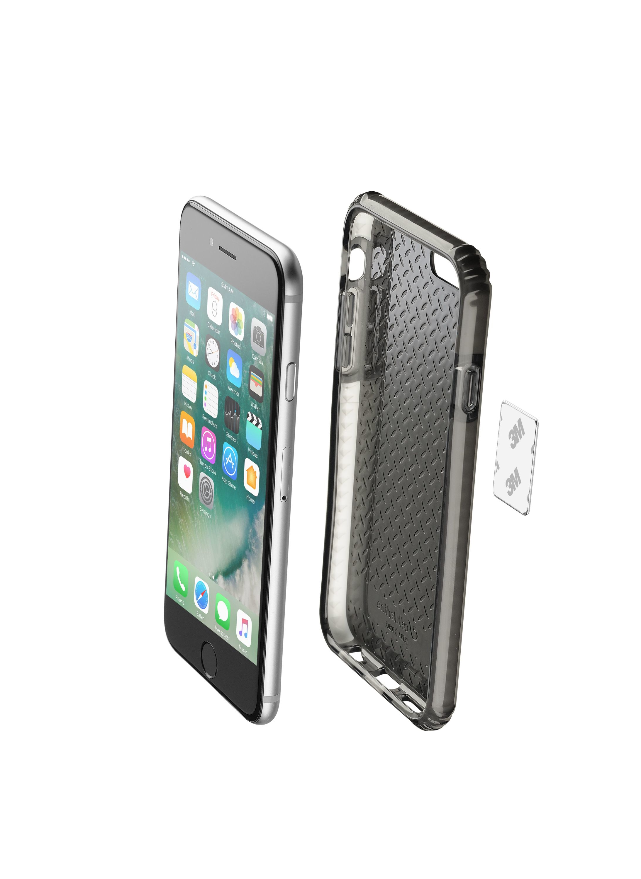 Un iPhone con pantalla de aplicaciones y una funda protectora transparente, con una pegatina 3M.
