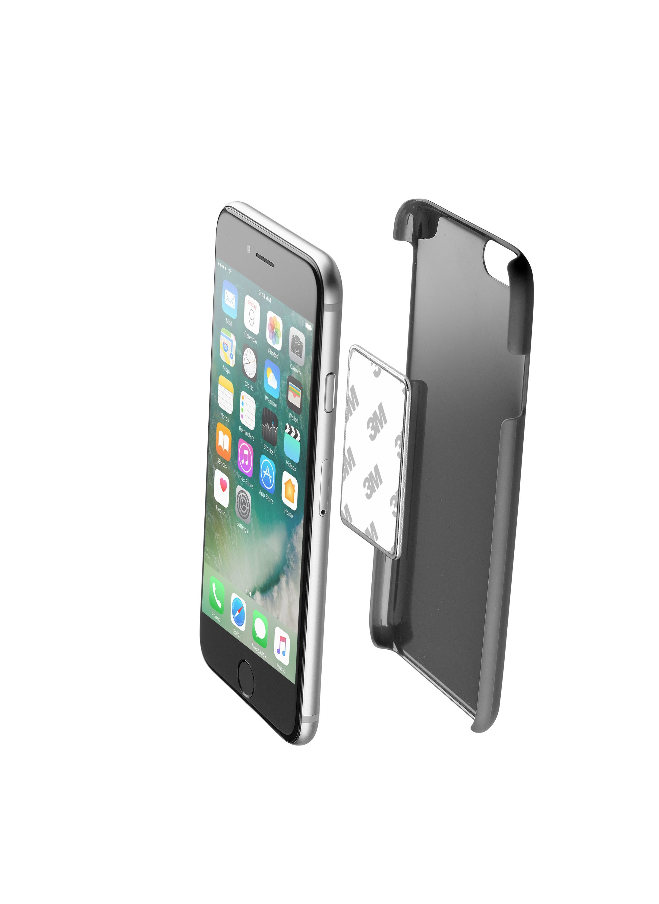 Un iPhone con pantalla de aplicaciones, una funda y una almohadilla adhesiva.