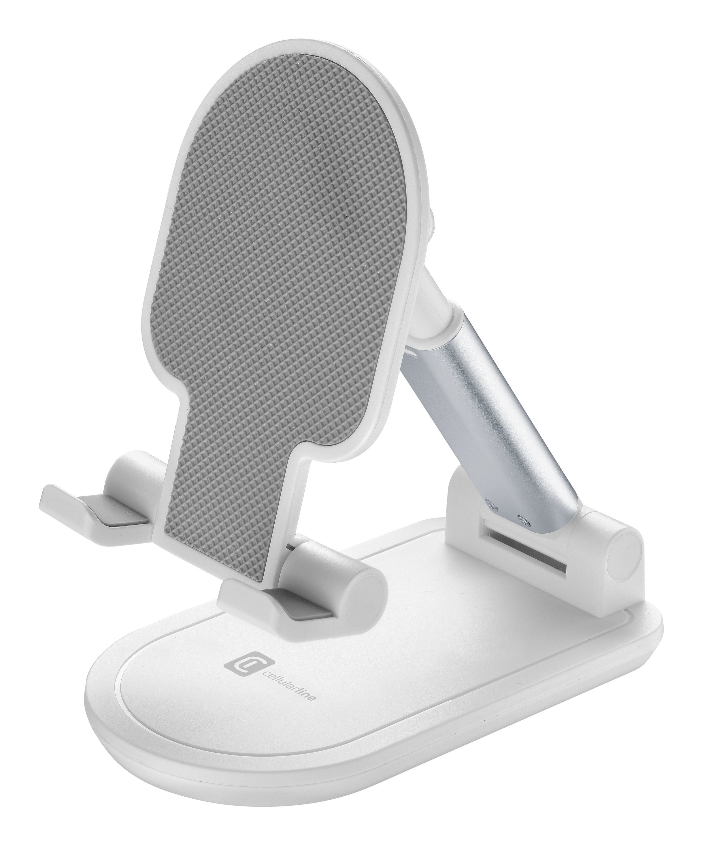 Soporte para teléfono blanco y plateado. Tiene una almohadilla gris texturizada. La base es ovalada y el soporte ajustable.