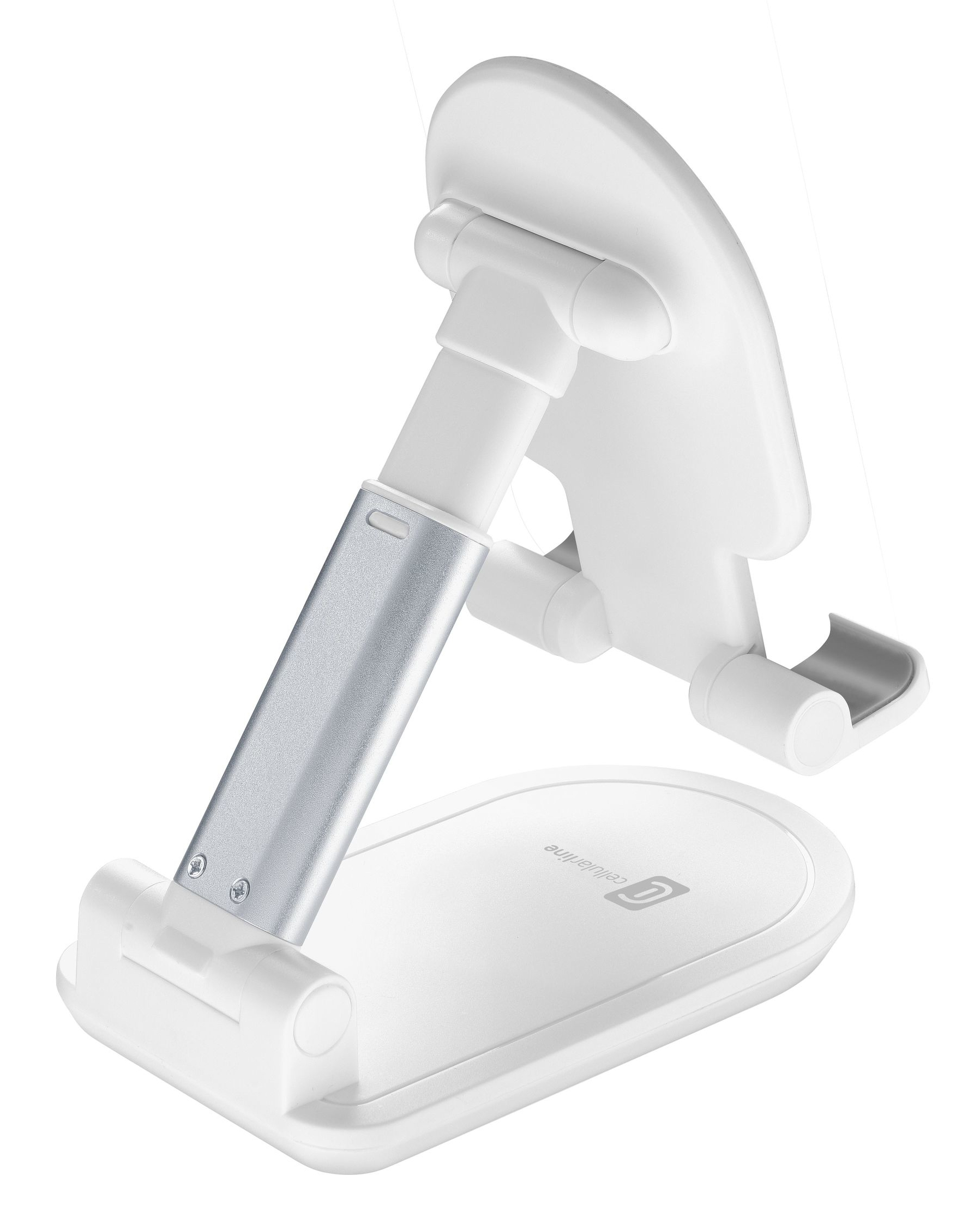 Soporte para teléfono blanco y plateado. Tiene base, brazo ajustable y soporte para teléfono.