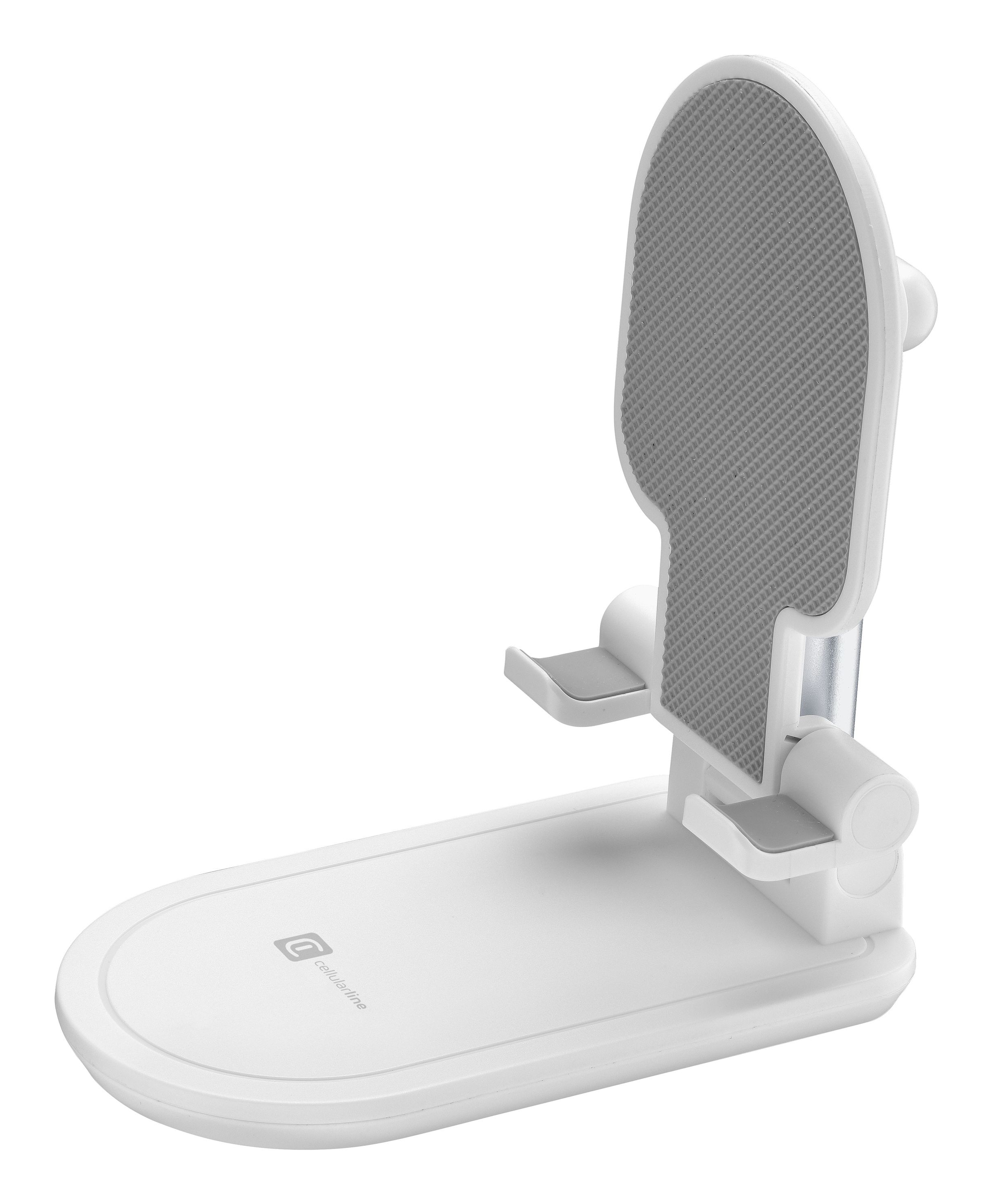 Un soporte para teléfono blanco con superficie gris texturizada y marca en la base.