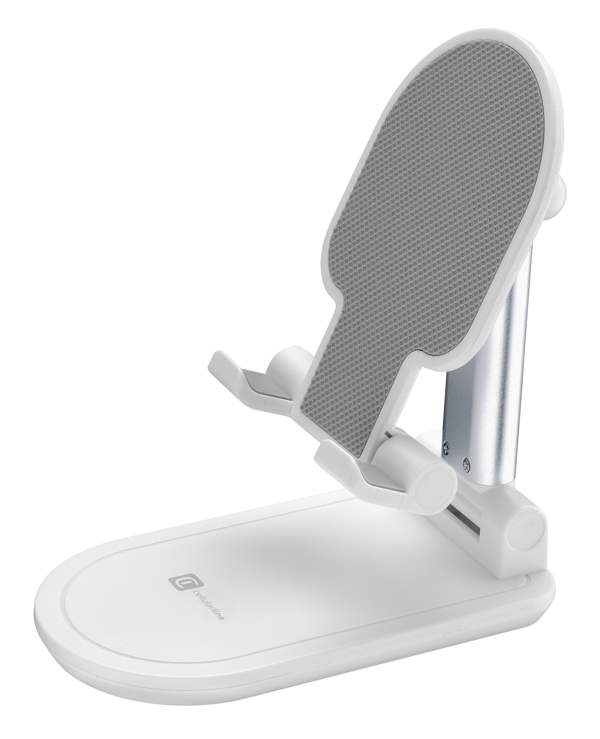 Soporte para teléfono blanco y plateado. Tiene una almohadilla gris texturizada. La base tiene un logotipo.