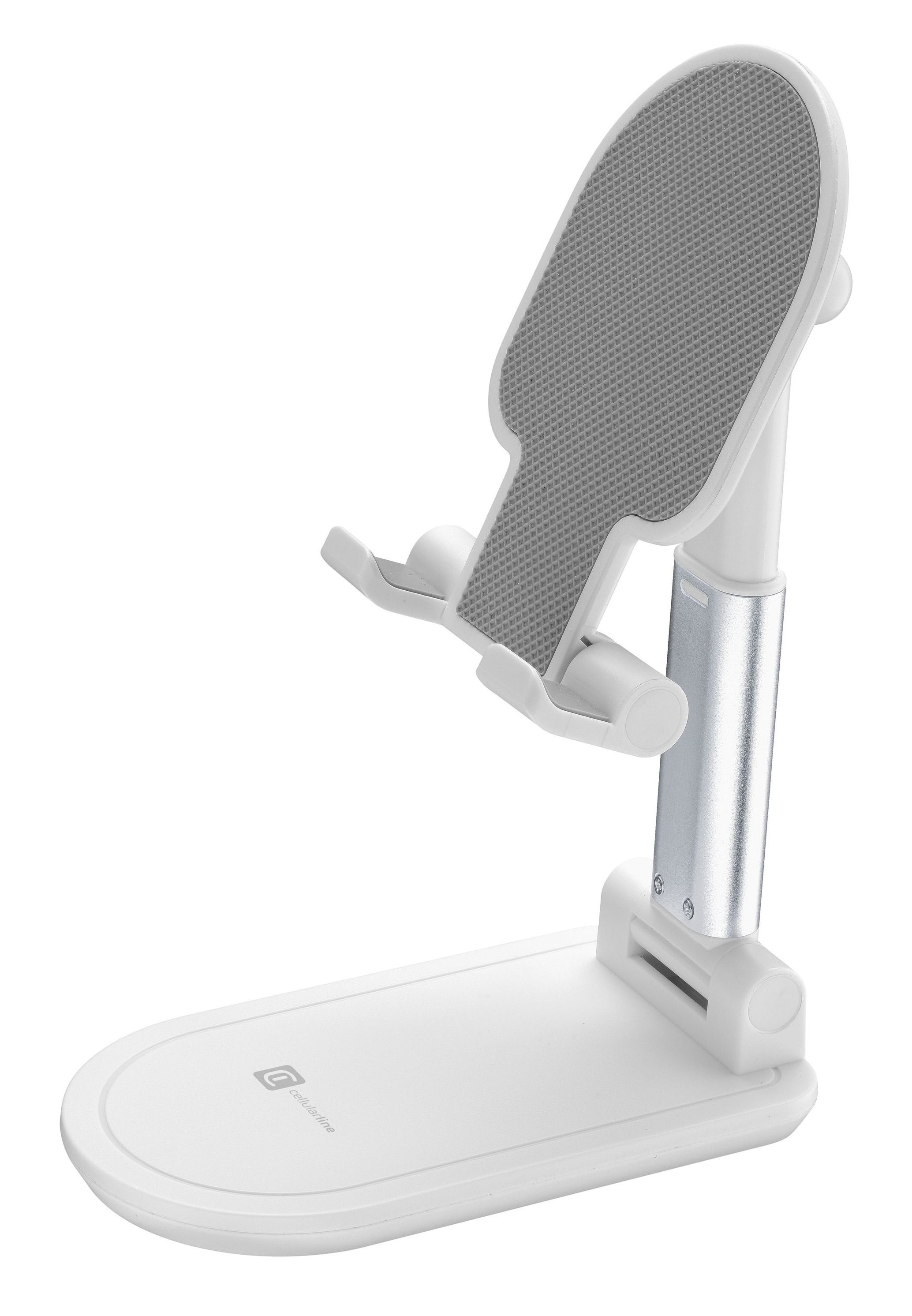 Un soporte para teléfono blanco y plateado. Tiene superficie gris texturizada, altura ajustable y base ancha.