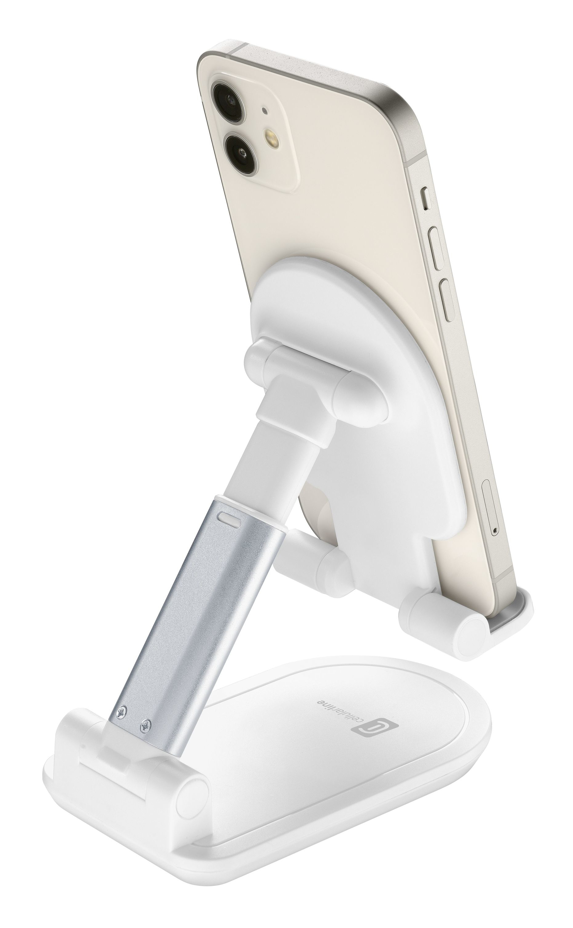 Un soporte blanco para teléfono sostiene un teléfono. El soporte tiene un brazo plateado, base blanca y cabezal ajustable.