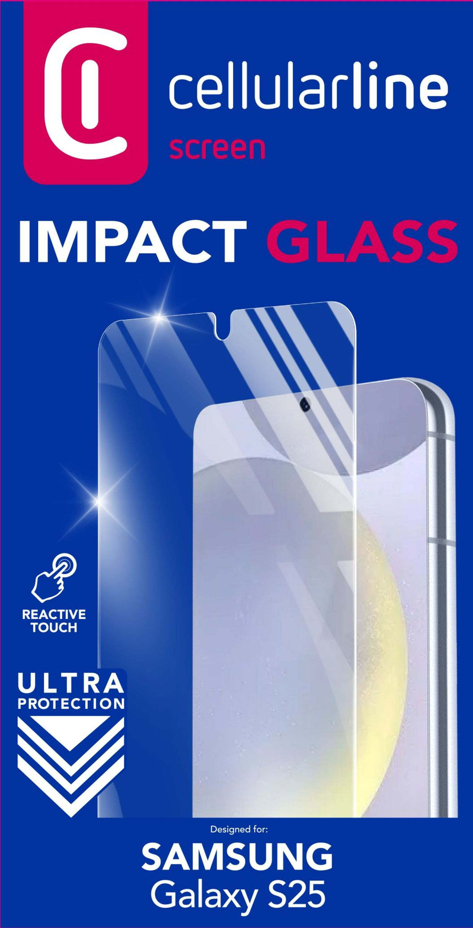 Un proteggi schermo per telefono con il logo Cellularline. È Impact Glass per Samsung Galaxy S25, con Ultra Protection.