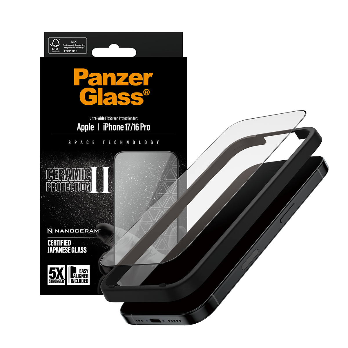 A phone and screen protector box. The box is black with white and orange text. The phone is black and the screen protector is clear.