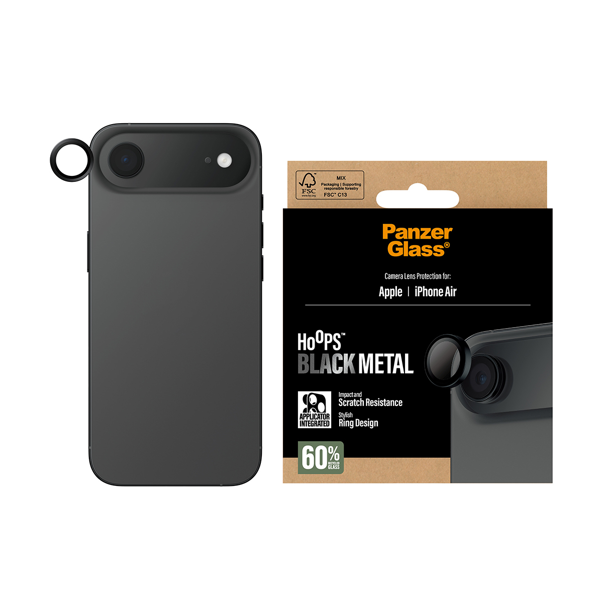 Téléphone noir avec une boîte de protection d'objectif. La boîte porte l'inscription 'Panzer Glass' et 'Hoops Black Metal'.