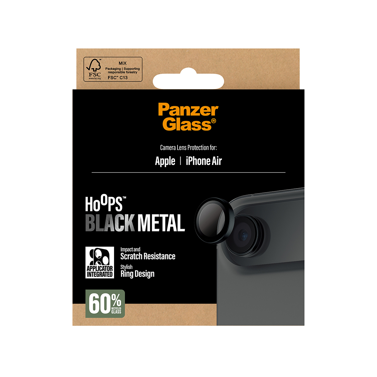 Une boîte Panzer Glass. La boîte noire montre un téléphone avec un protecteur d'objectif en métal noir. Le texte comprend 'Apple iPhone Air'.